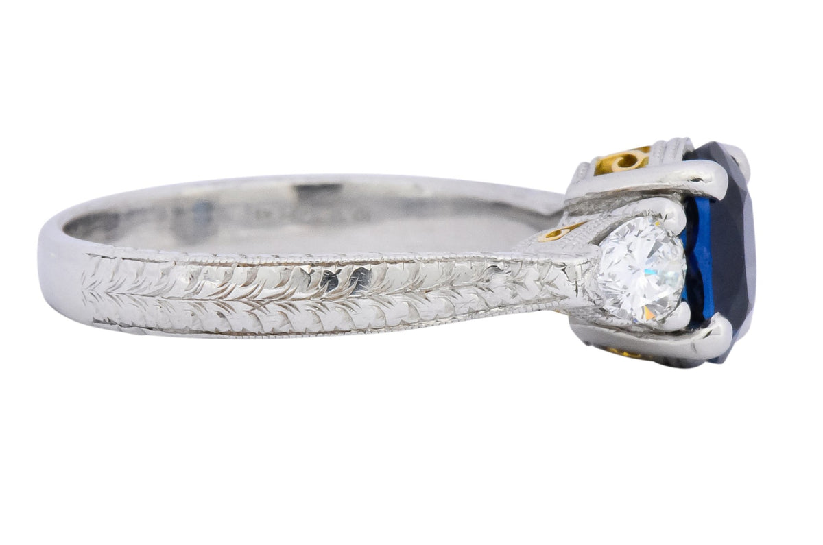 Antique 2.35 CTW Sapphire Diamond Gold Platinum Three Stone Ring - Wilson's Estate Jewelry