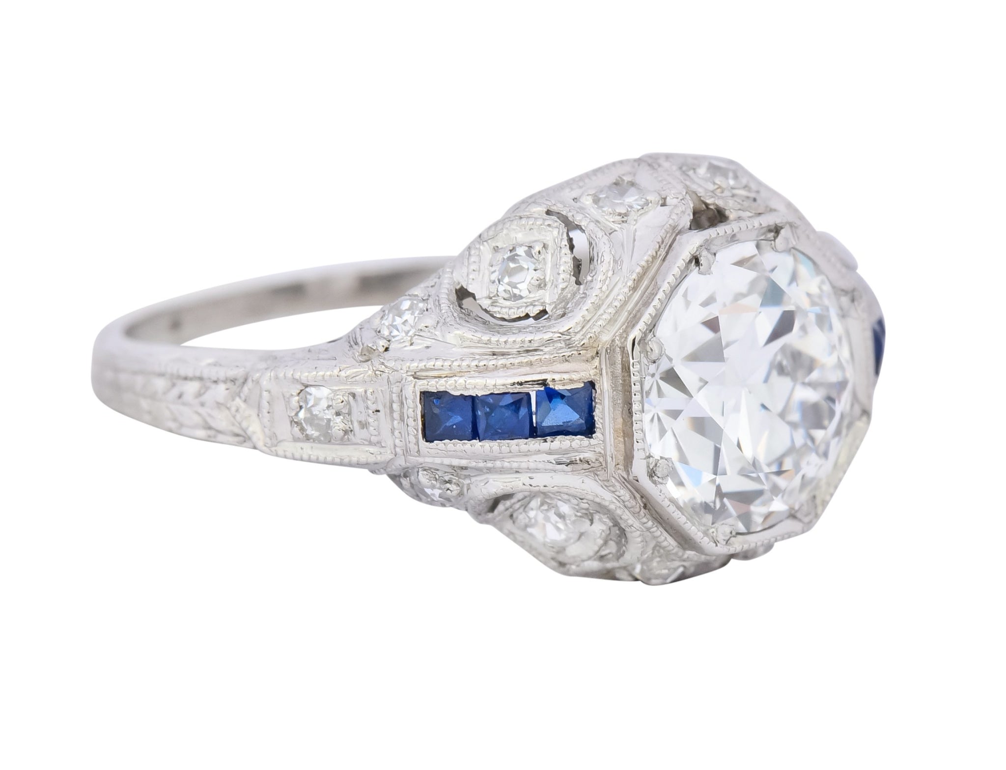 Art Deco 1.83 CTW Diamond Sapphire Platinum Engagement Ring GIA - Wilson's Estate Jewelry
