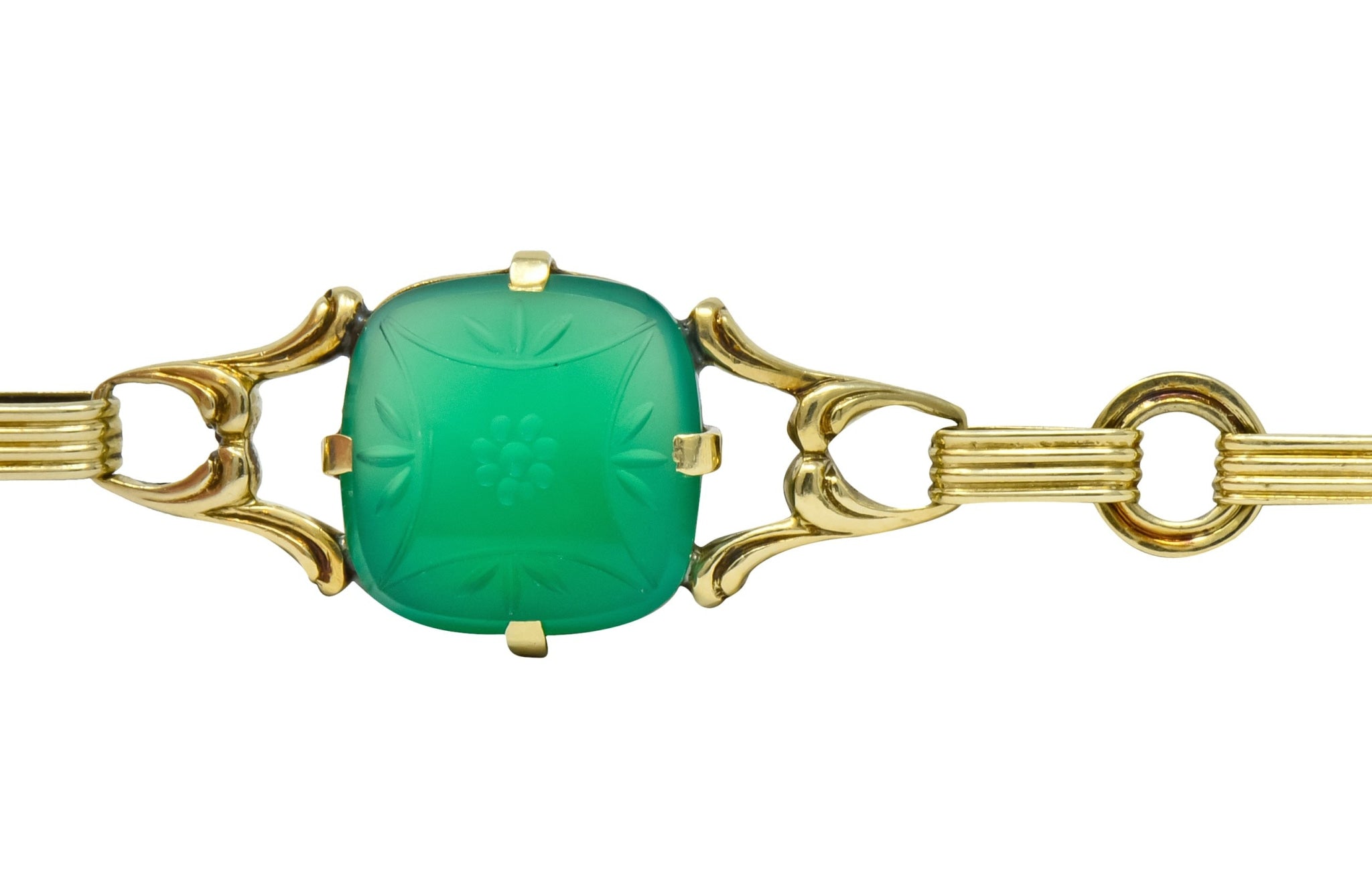 Art Deco 1930's Carved Green Onyx Intaglio 14 Karat Gold Floral Link Bracelet - Wilson's Estate Jewelry