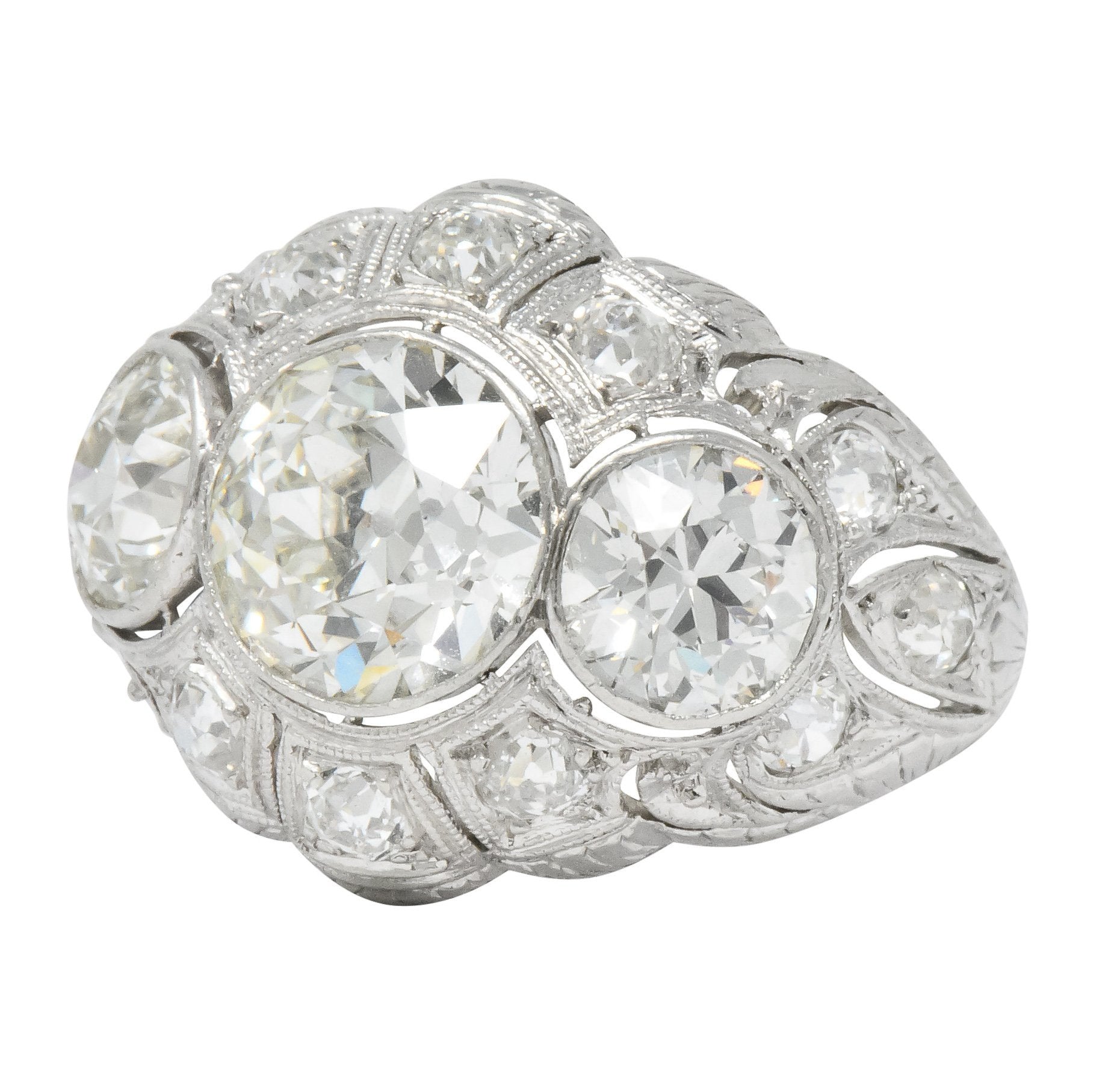 Art Deco 5.60 CTW Old European Cut Diamond Platinum Three Stone Ring - Wilson's Estate Jewelry