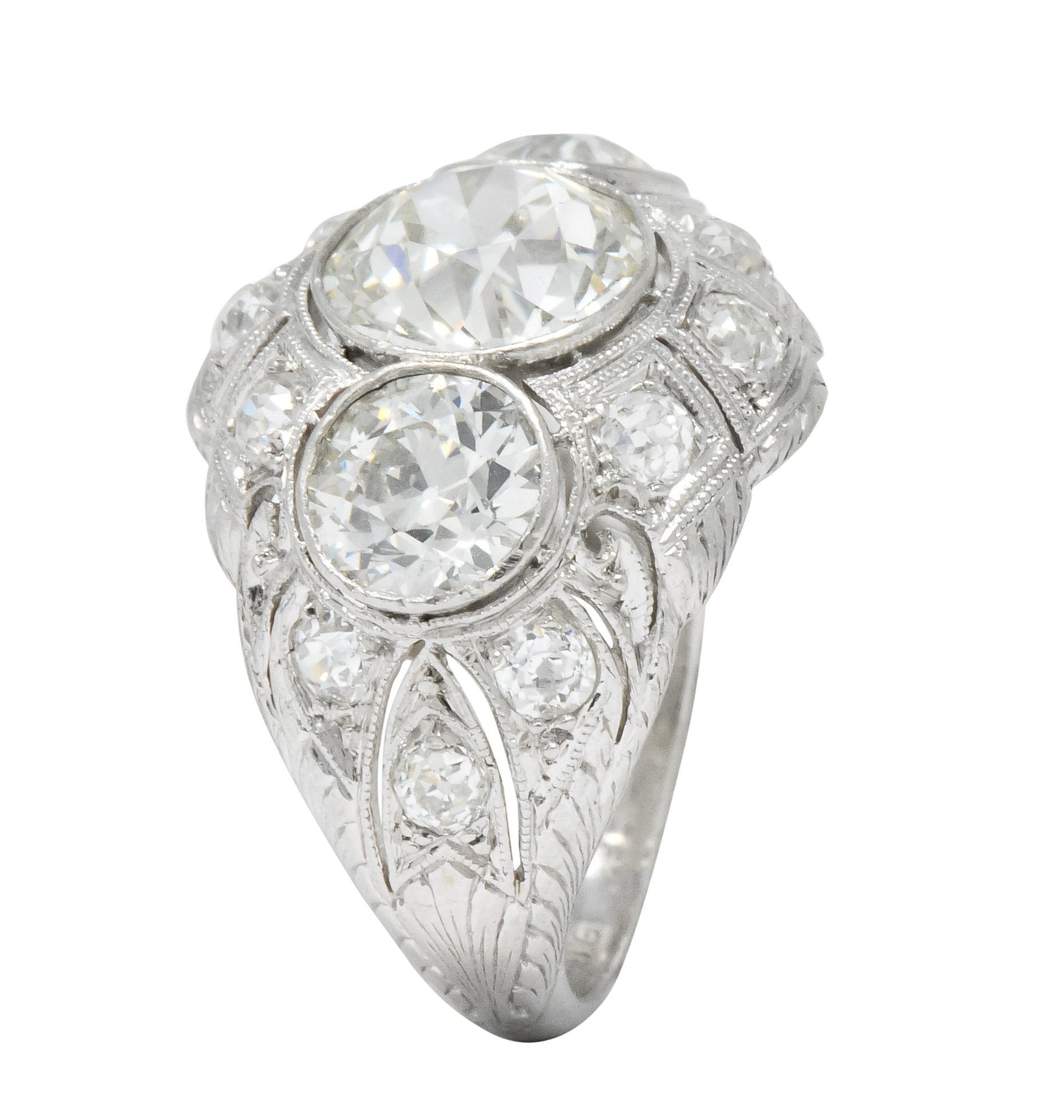 Art Deco 5.60 CTW Old European Cut Diamond Platinum Three Stone Ring - Wilson's Estate Jewelry