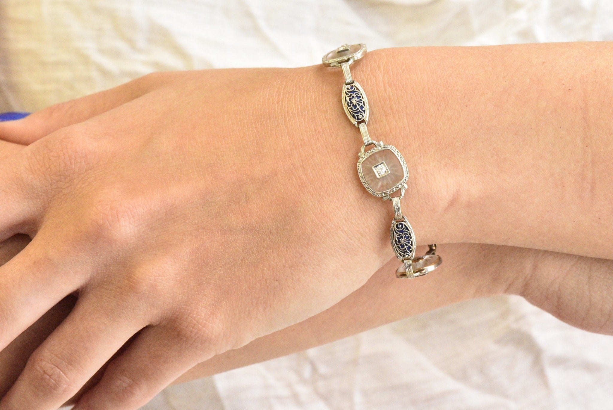 Art Deco Diamond Camphor Glass Enamel Platinum-Topped Bracelet Wilson's Estate Jewelry