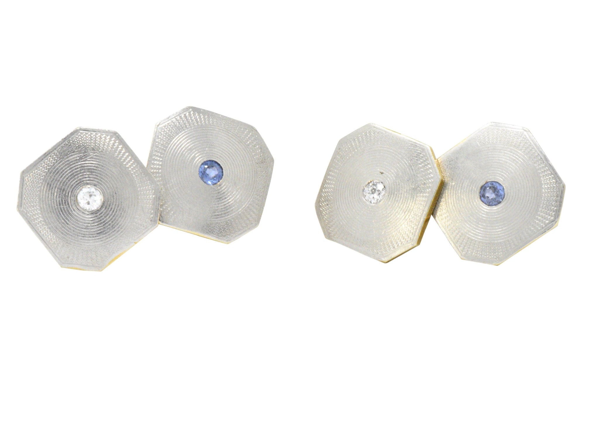 Art Deco Diamond Sapphire Platinum-Topped 14 Karat Gold Octagonal Cufflinks Wilson's Estate Jewelry