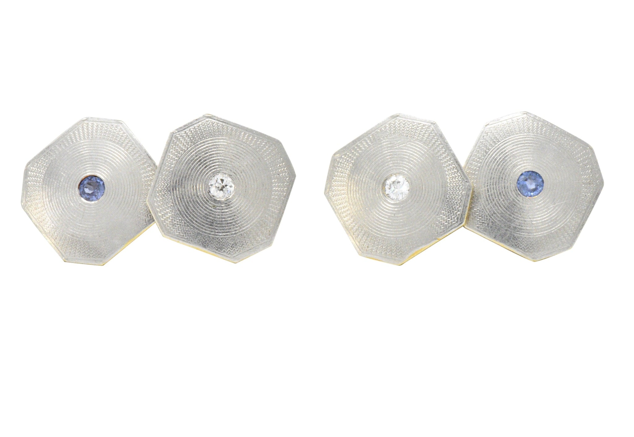 Art Deco Diamond Sapphire Platinum-Topped 14 Karat Gold Octagonal Cufflinks Wilson's Estate Jewelry