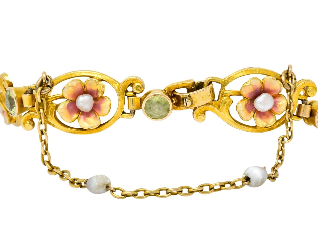 Art Nouveau 1.44 CTW Peridot Enamel Pearl 14 Karat Gold Link Bracelet - Wilson's Estate Jewelry
