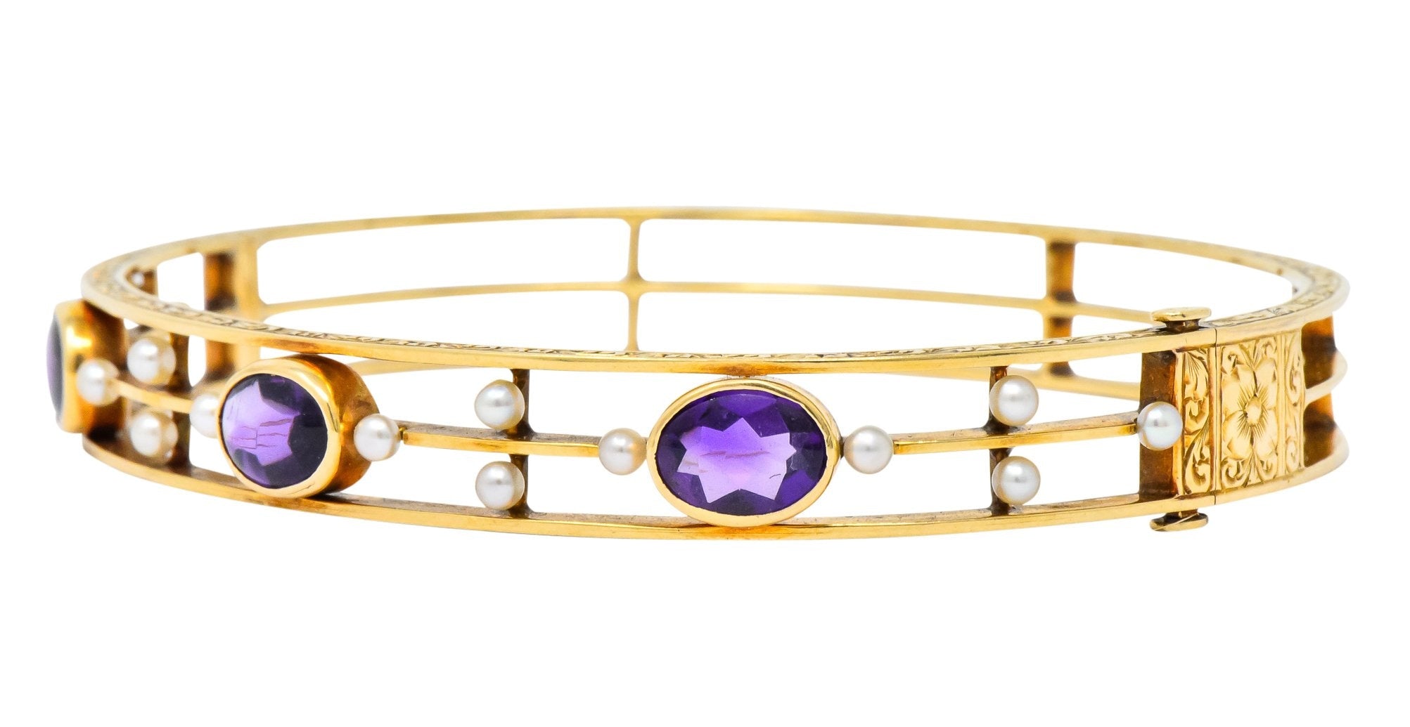 Art Nouveau Amethyst Pearl 14 Karat Gold Bangle Bracelet - Wilson's Estate Jewelry