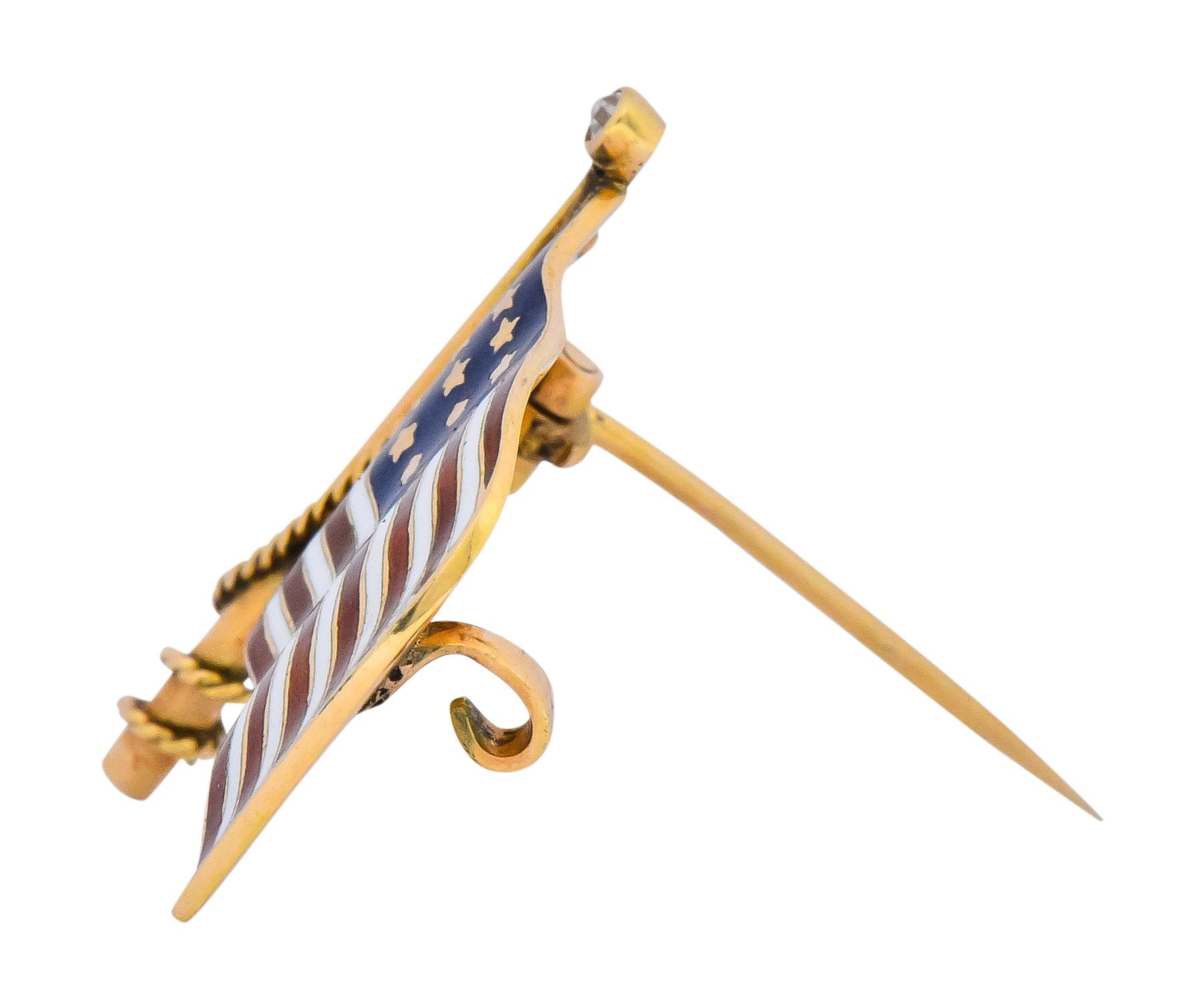 Art Nouveau Diamond Enamel 14 Karat Gold United States Patriotic Flag Pin - Wilson's Estate Jewelry