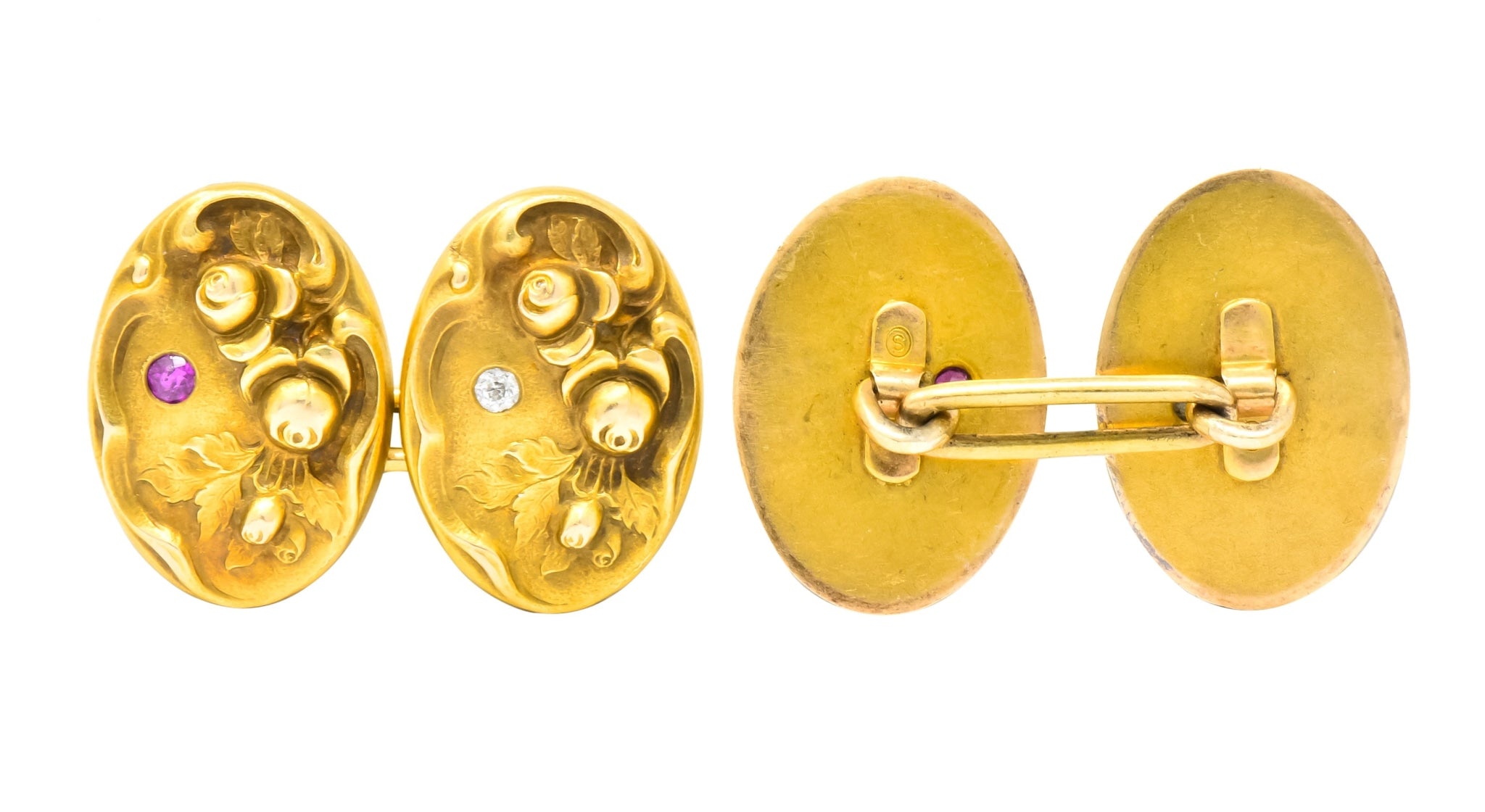 Art Nouveau Diamond Ruby 14 Karat Gold Floral Cufflinks - Wilson's Estate Jewelry