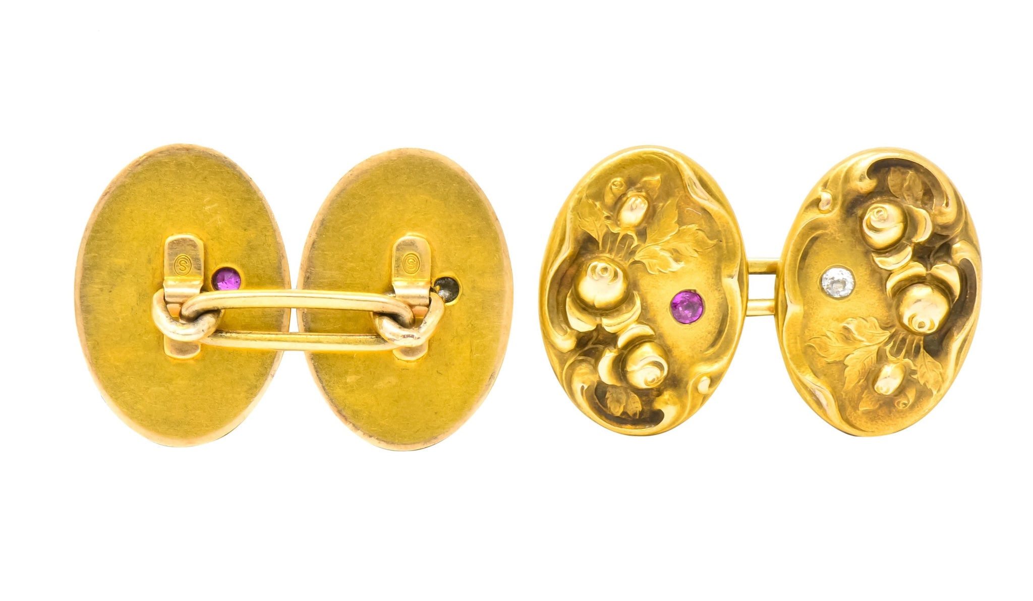 Art Nouveau Diamond Ruby 14 Karat Gold Floral Cufflinks - Wilson's Estate Jewelry