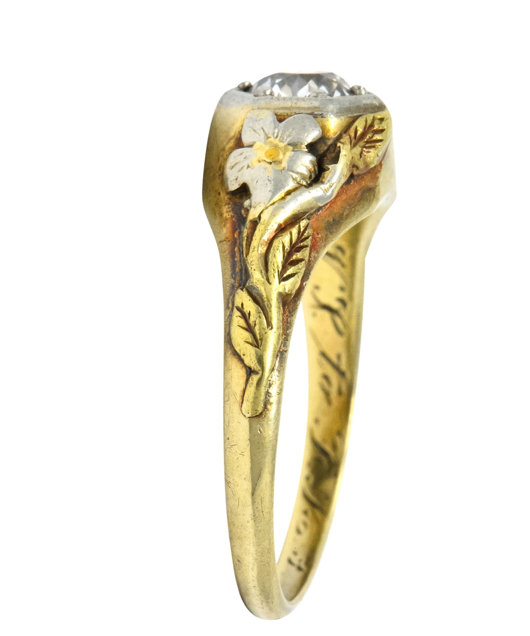 Arts & Crafts 0.42 CTW Diamond 14 Karat Tri-Colored Gold Floral Engagement Ring - Wilson's Estate Jewelry