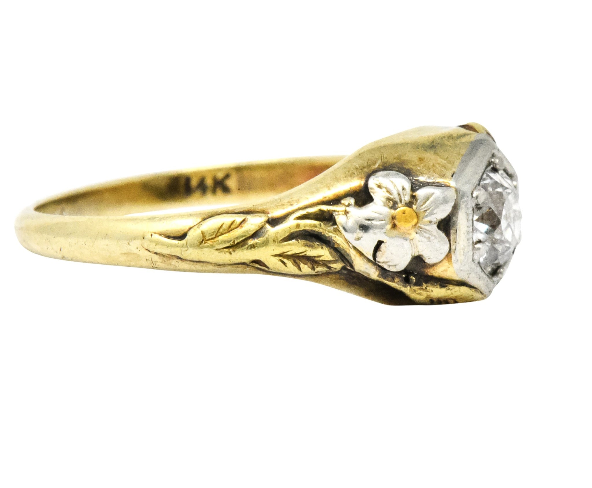 Arts & Crafts 0.42 CTW Diamond 14 Karat Tri-Colored Gold Floral Engagement Ring - Wilson's Estate Jewelry