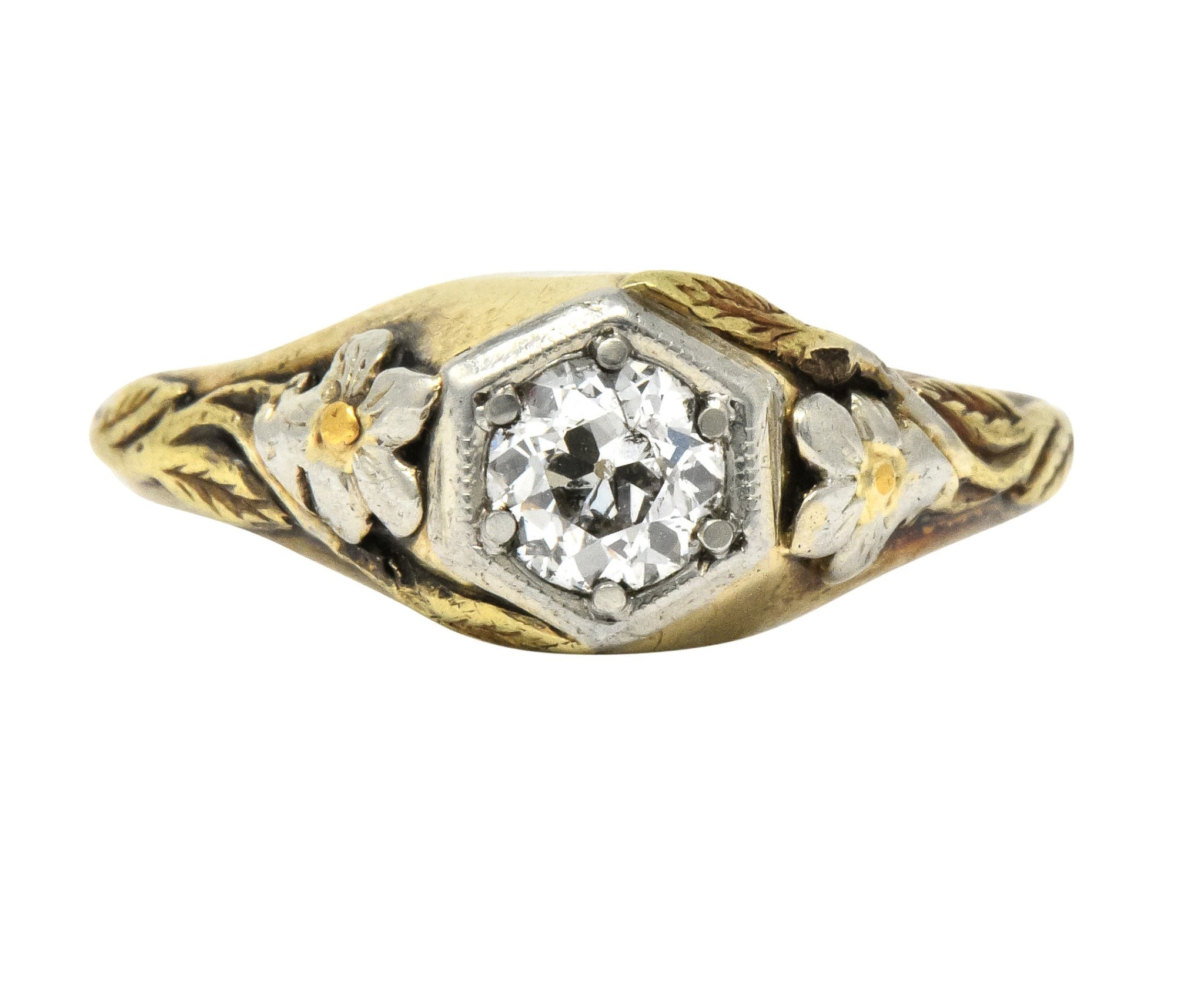 Arts & Crafts 0.42 CTW Diamond 14 Karat Tri-Colored Gold Floral Engagement Ring - Wilson's Estate Jewelry