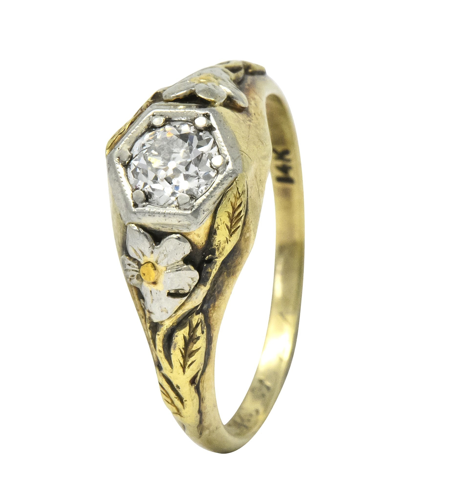 Arts & Crafts 0.42 CTW Diamond 14 Karat Tri-Colored Gold Floral Engagement Ring - Wilson's Estate Jewelry