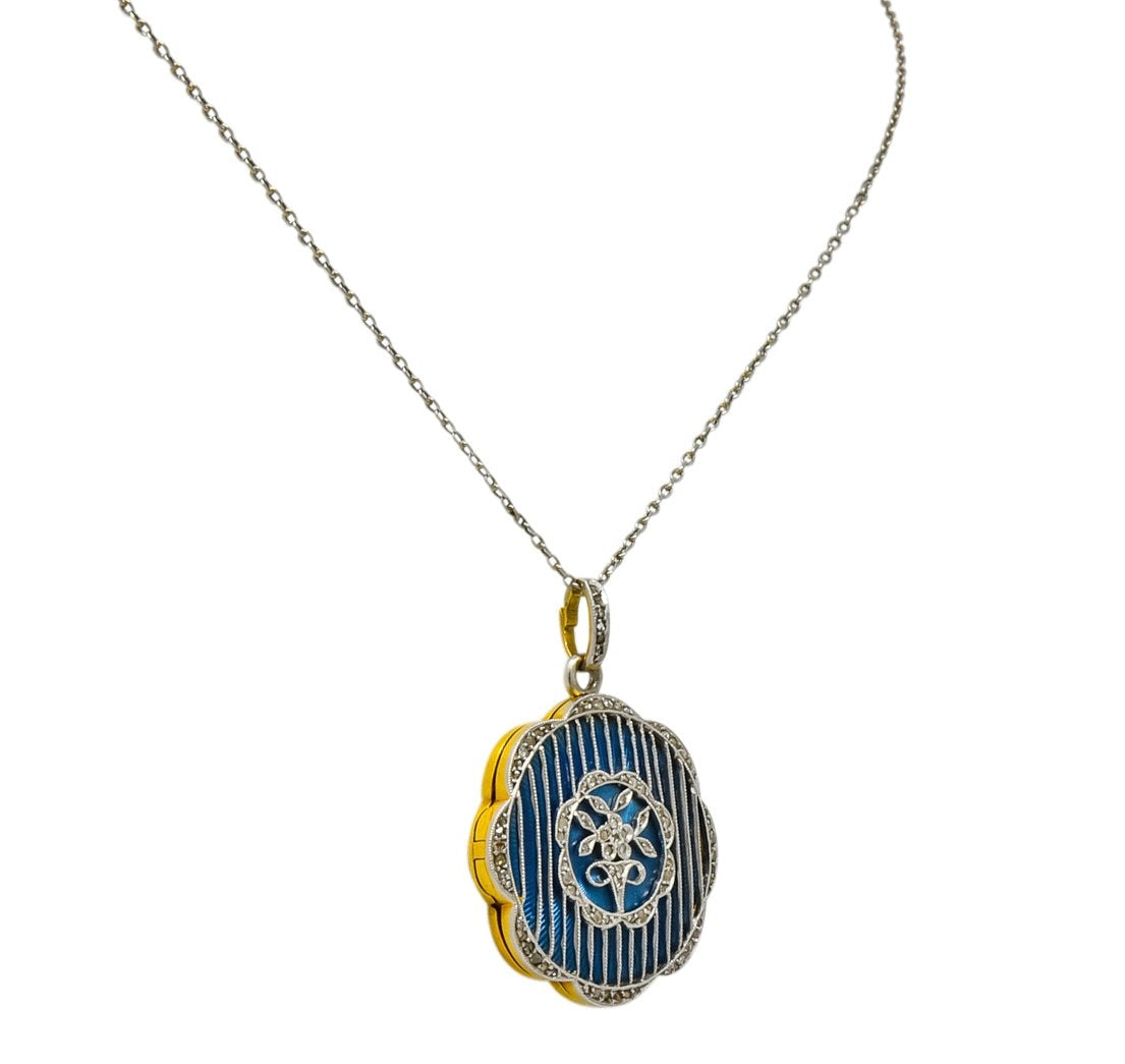 Belle Époque Enamel Diamond Platinum-Topped 18 Karat Gold French Lariat Pendant Necklace - Wilson's Estate Jewelry