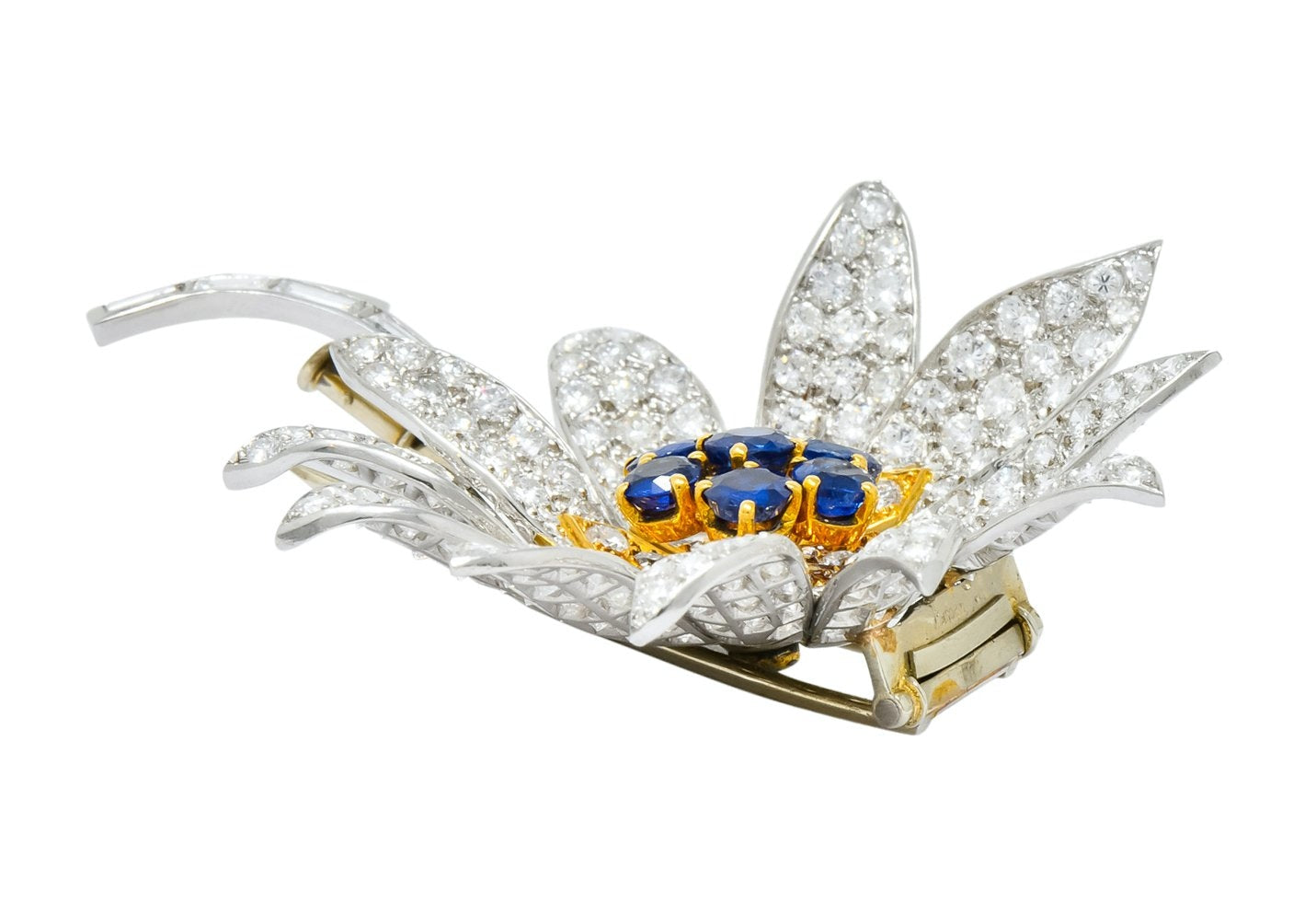 Boucheron Paris 1960's 8.60 CTW Diamond Sapphire Platinum 18 Karat Gold Flower Brooch - Wilson's Estate Jewelry
