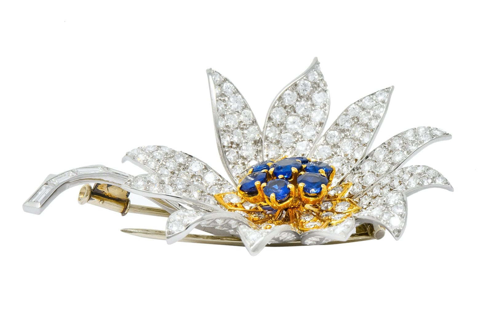 Boucheron Paris 1960's 8.60 CTW Diamond Sapphire Platinum 18 Karat Gold Flower Brooch - Wilson's Estate Jewelry