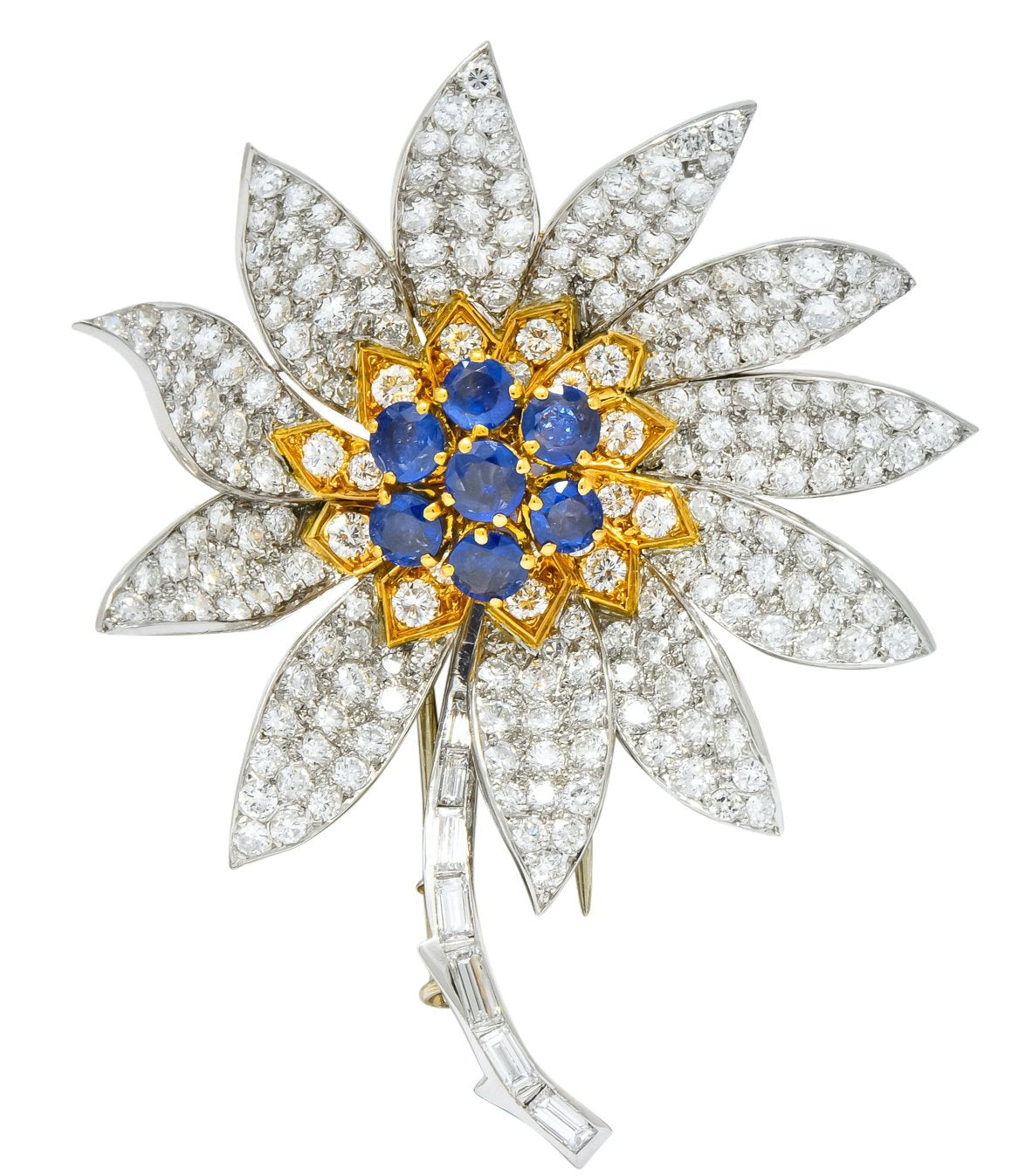 Boucheron Paris 1960's 8.60 CTW Diamond Sapphire Platinum 18 Karat Gold Flower Brooch - Wilson's Estate Jewelry