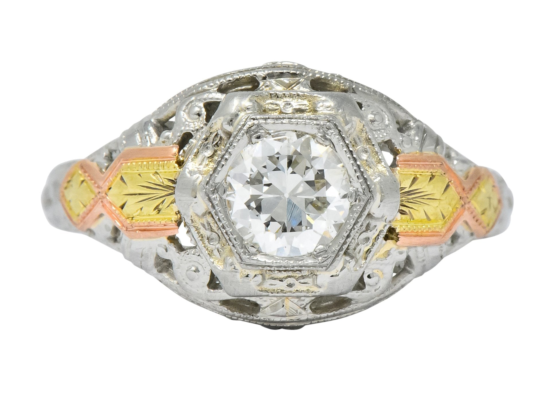 Bud & Blossom Art Deco 0.42 CTW Diamond 14 Karat Tri-Colored Gold Engagement Ring - Wilson's Estate Jewelry