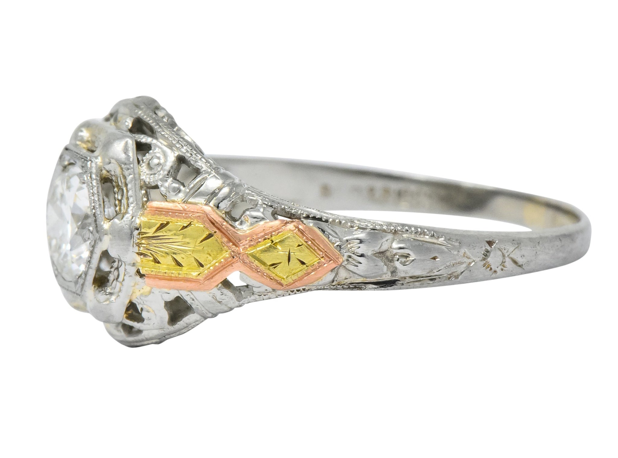 Bud & Blossom Art Deco 0.42 CTW Diamond 14 Karat Tri-Colored Gold Engagement Ring - Wilson's Estate Jewelry