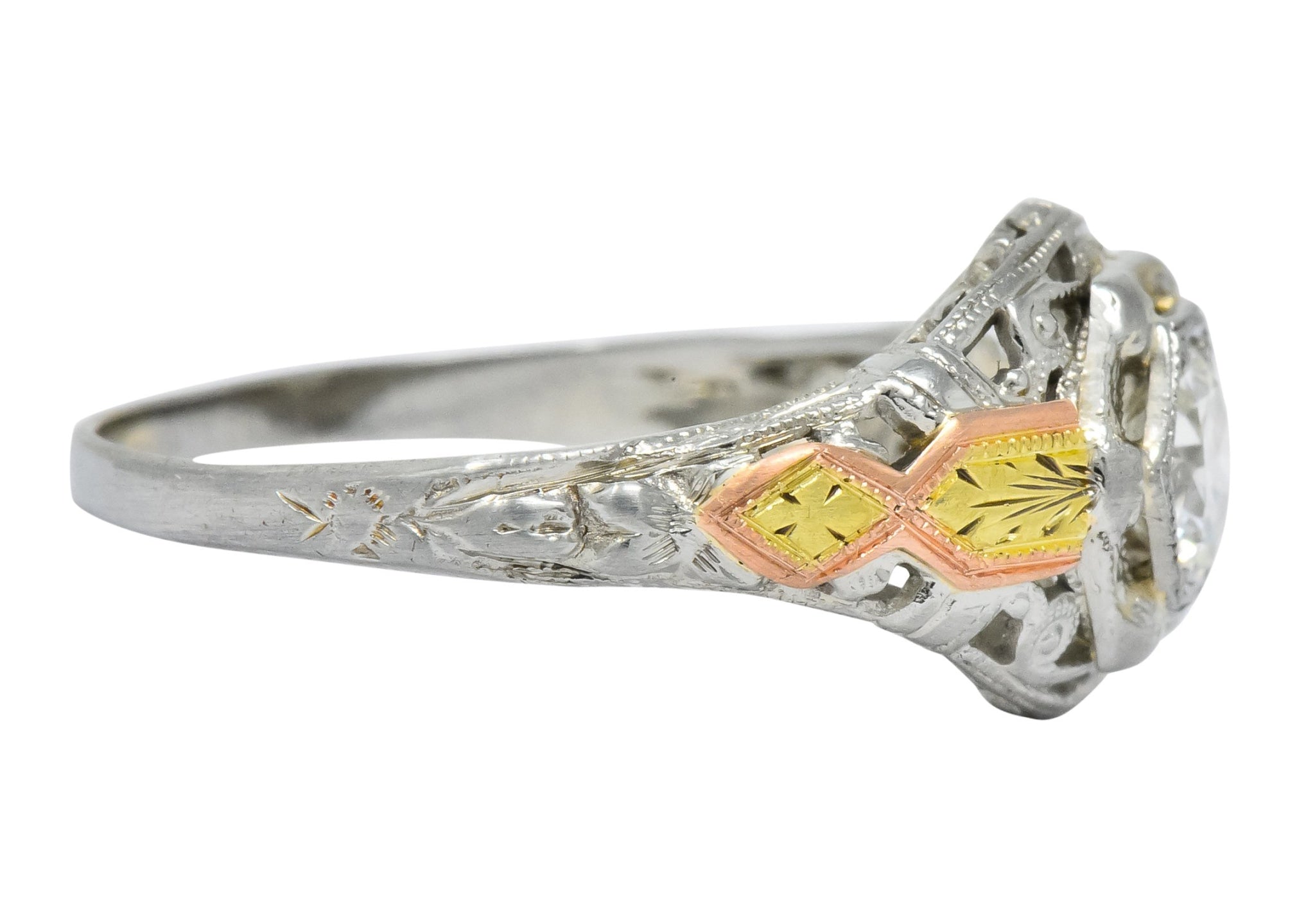 Bud & Blossom Art Deco 0.42 CTW Diamond 14 Karat Tri-Colored Gold Engagement Ring - Wilson's Estate Jewelry