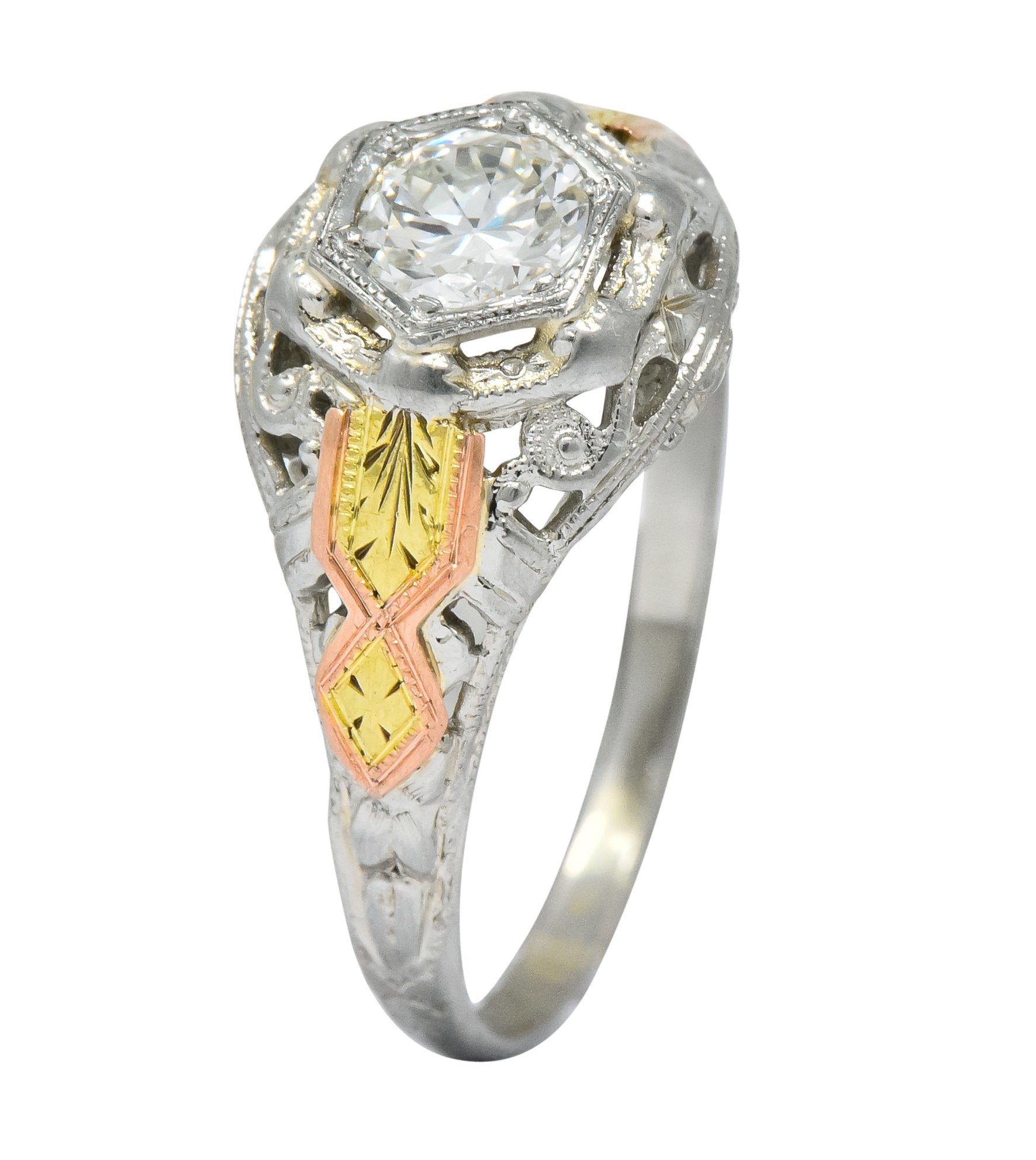 Bud & Blossom Art Deco 0.42 CTW Diamond 14 Karat Tri-Colored Gold Engagement Ring - Wilson's Estate Jewelry