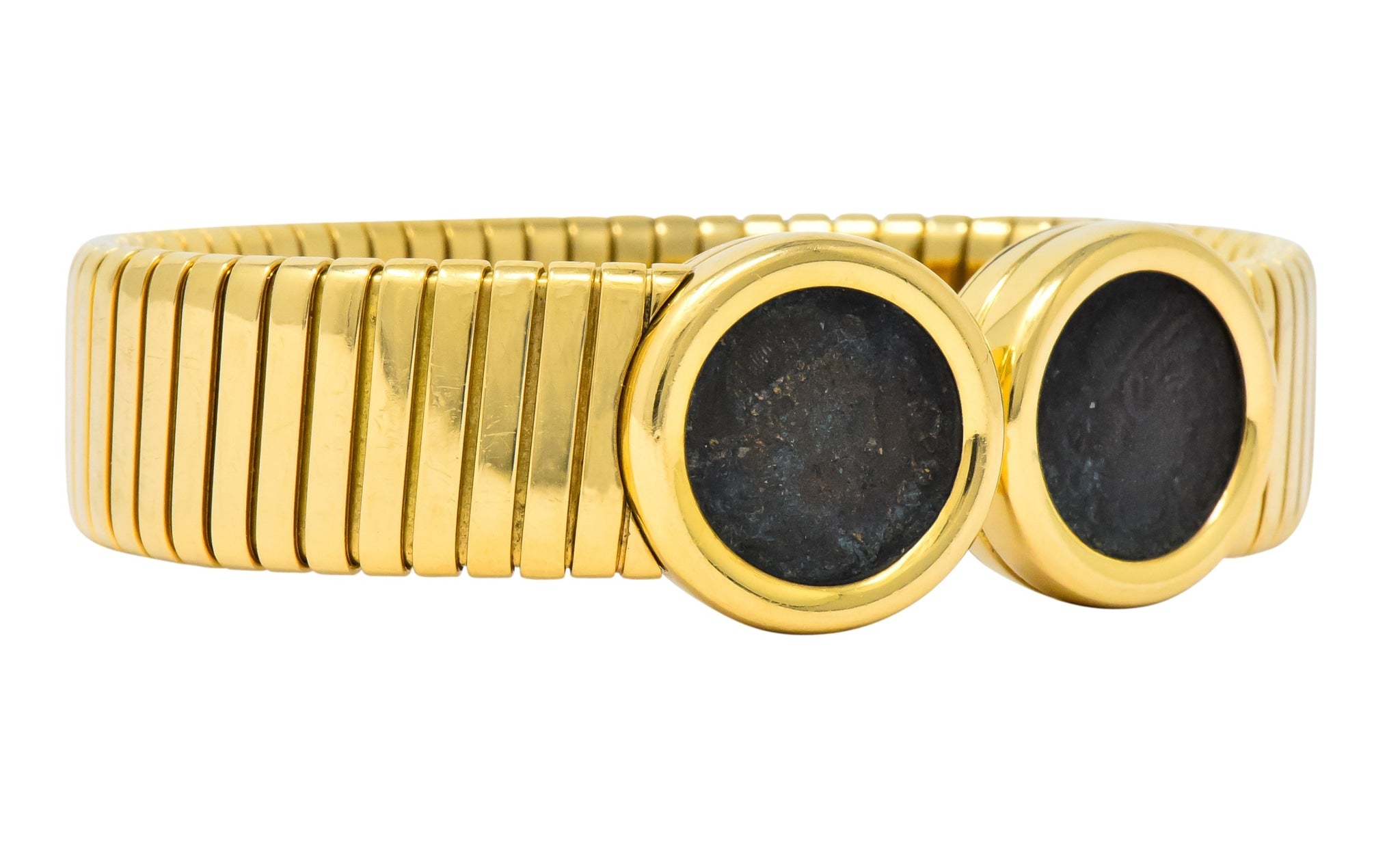 Bulgari Ancient Coin 18 Karat Gold Monete Emperor Constans of Rome Bangle Bracelet - Wilson's Estate Jewelry
