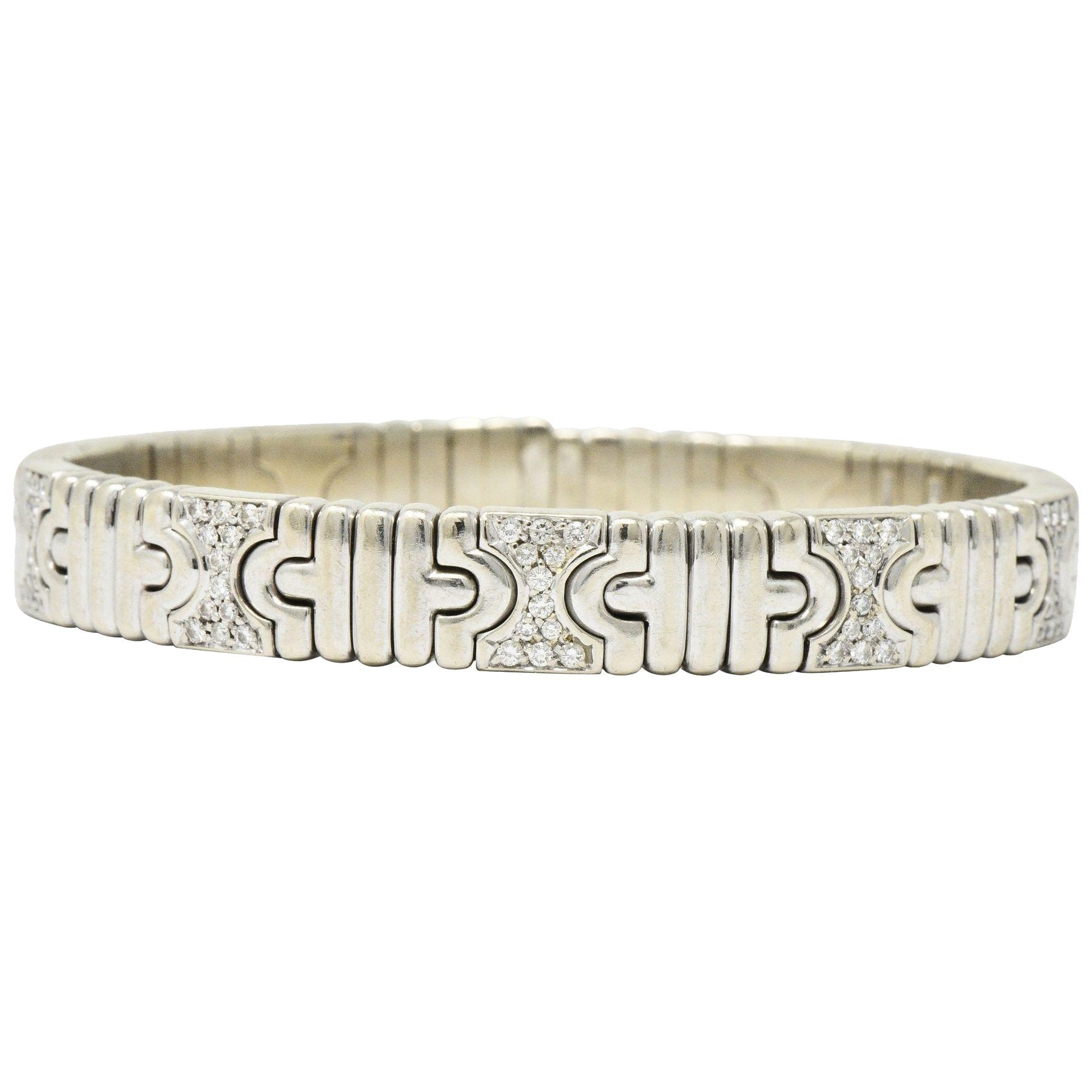 Bulgari Contemporary 1.20 CTW Diamond 18 Karat White Gold Parentesi Cuff Bracelet Wilson's Estate Jewelry