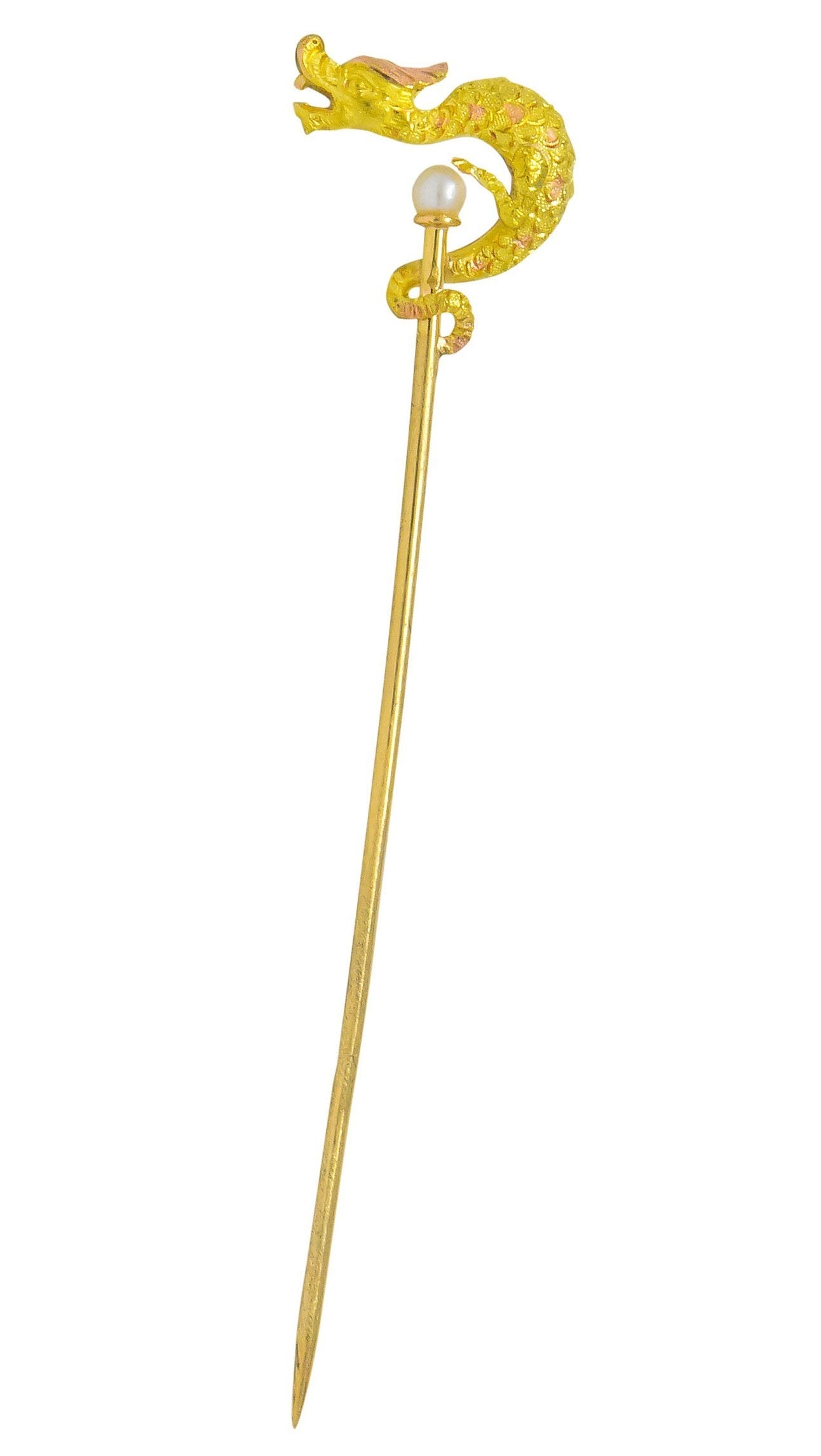 Carter Gough & Co. Edwardian Pearl 14 Karat Tri-Colored Gold Dragon Stickpin - Wilson's Estate Jewelry