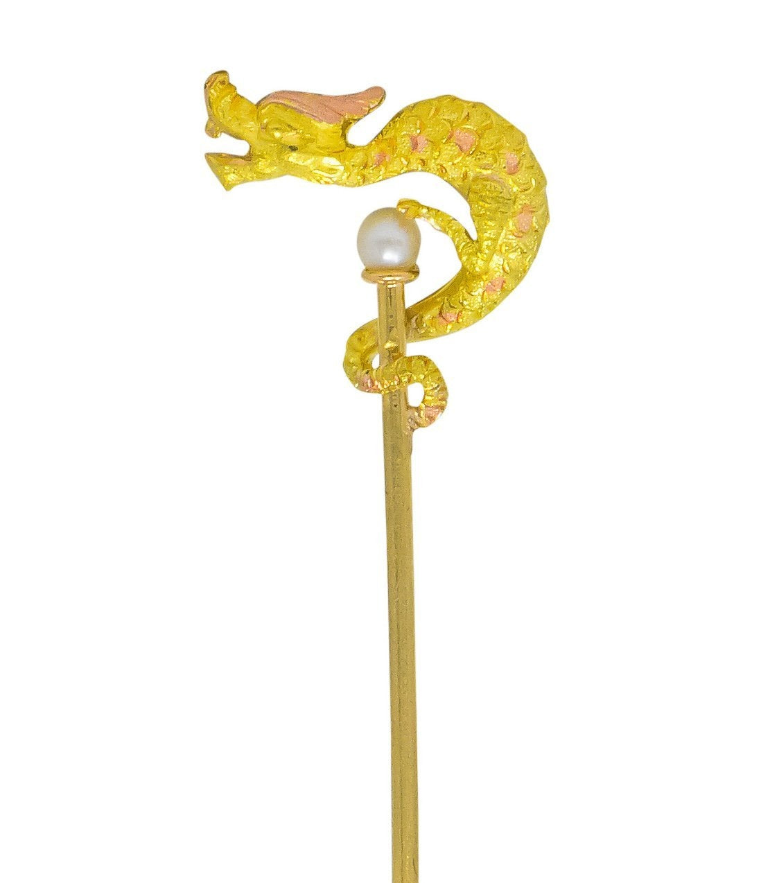 Carter Gough & Co. Edwardian Pearl 14 Karat Tri-Colored Gold Dragon Stickpin - Wilson's Estate Jewelry