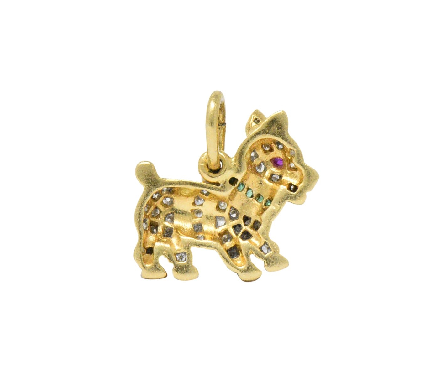 1980's Vintage 0.55 CTW Diamond Emerald 18 Karat Two-Tone Gold Scottie Terrier Charm Wilson's Estate Jewelry