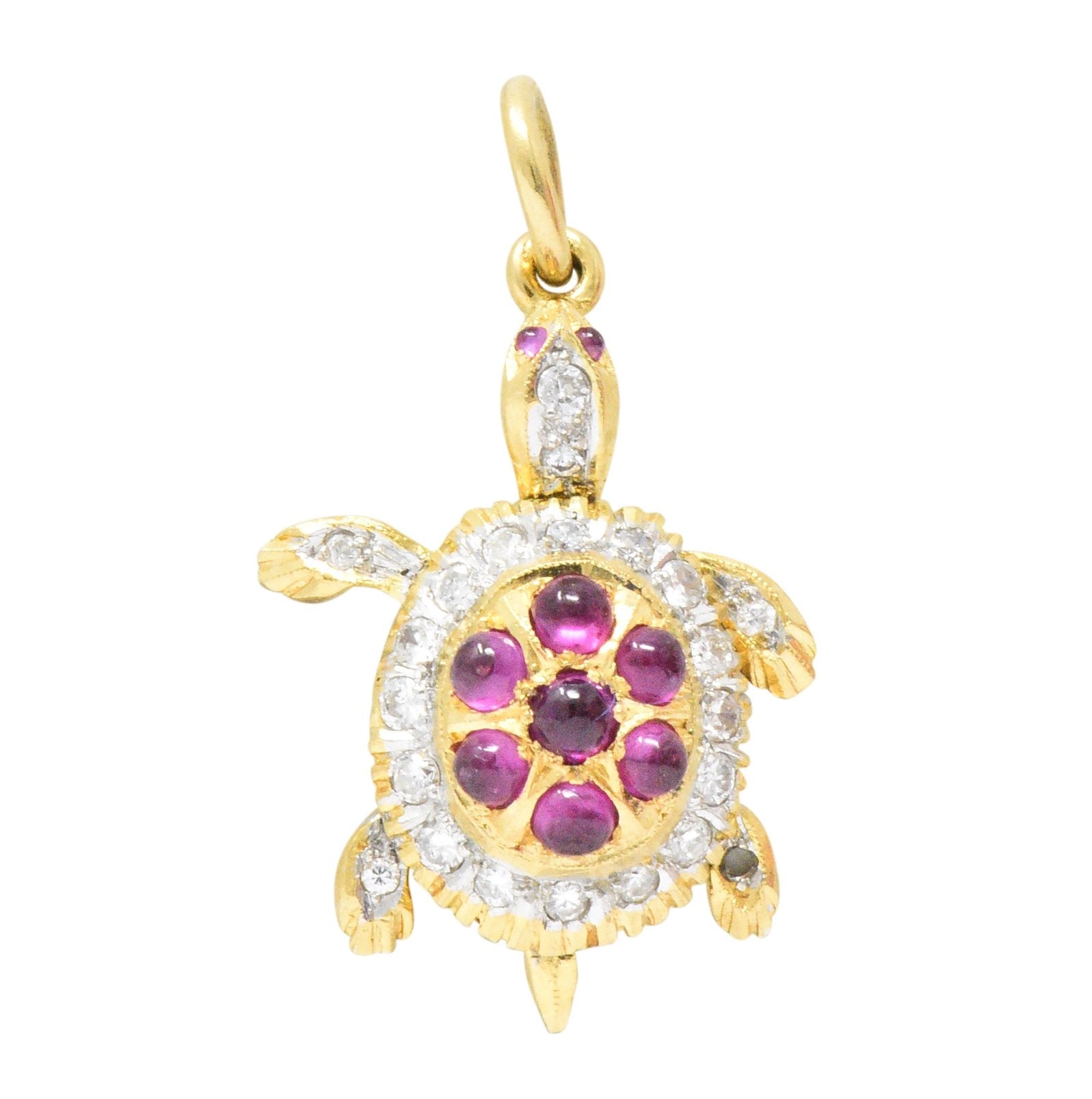 Circa 1980's Vintage 0.56 CTW Diamond Ruby 18 Karat Gold Turtle Charm Wilson's Estate Jewelry
