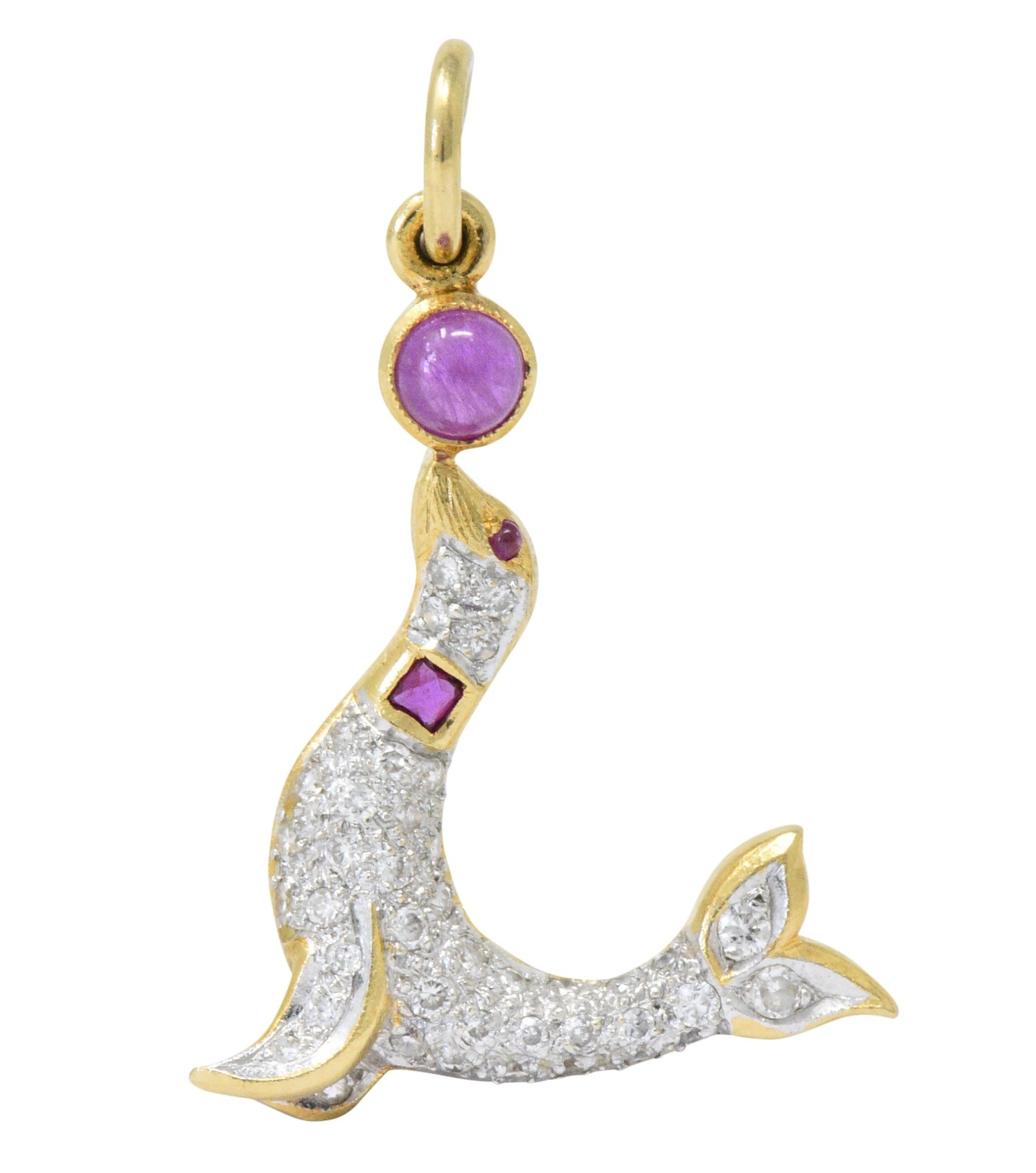 1980's Vintage 0.80 CTW Diamond Ruby 18 Karat Two-Tone Gold Seal Charm Wilson's Estate Jewelry