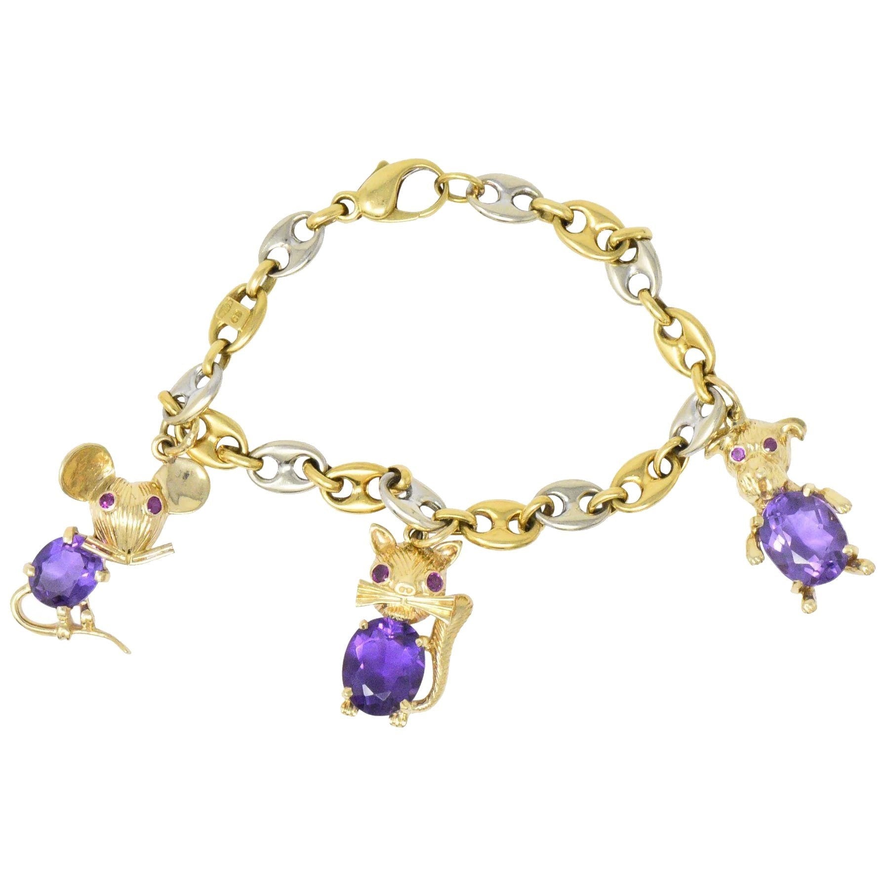 Contemporary 10.70 CTW Amethyst Two-Tone Gold Animal Charm Bracelet Wilson's Estate Jewelry
