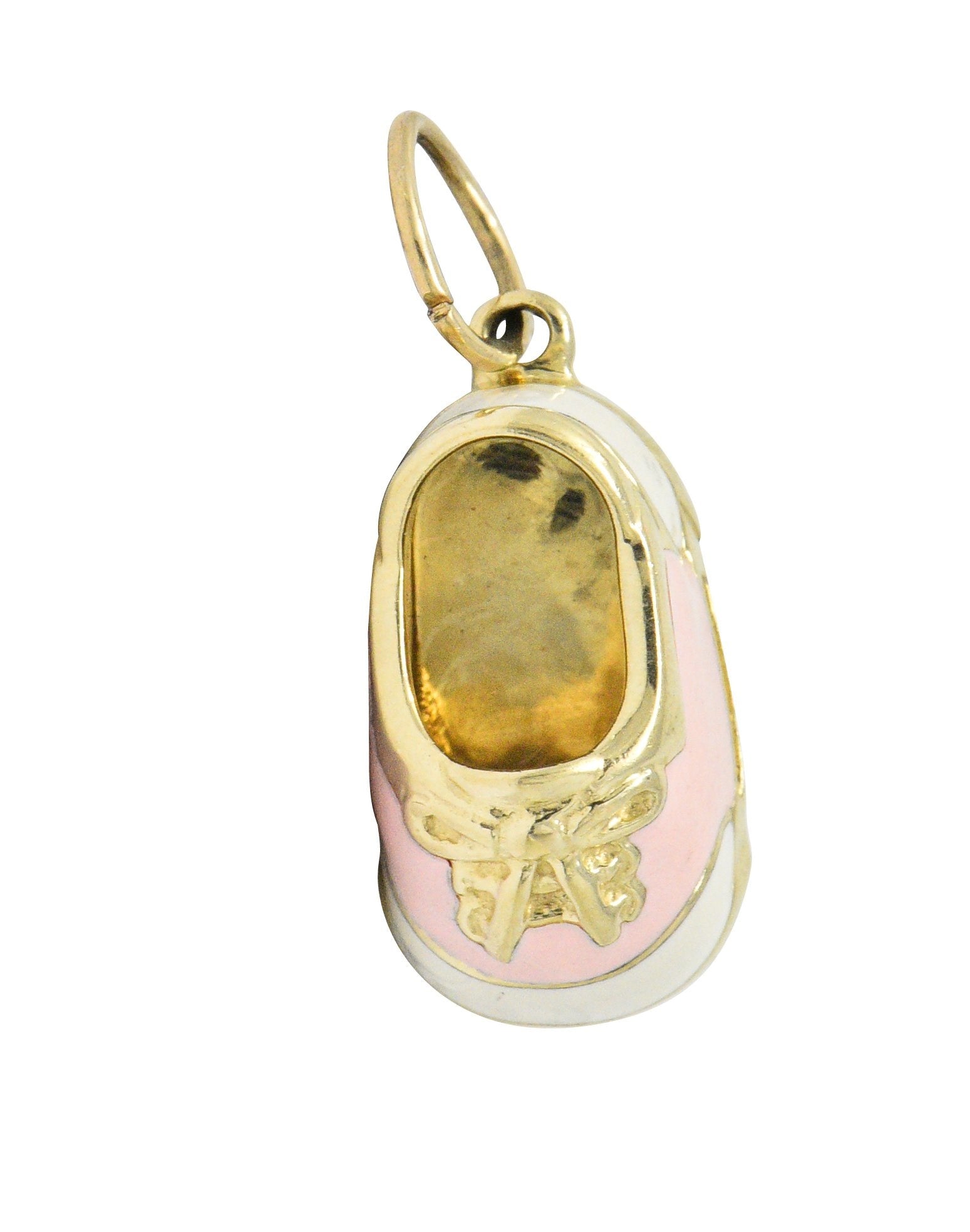 Contemporary 14 Karat Gold Pink Cream Enamel Saddle Shoe Charm Wilson's Estate Jewelry