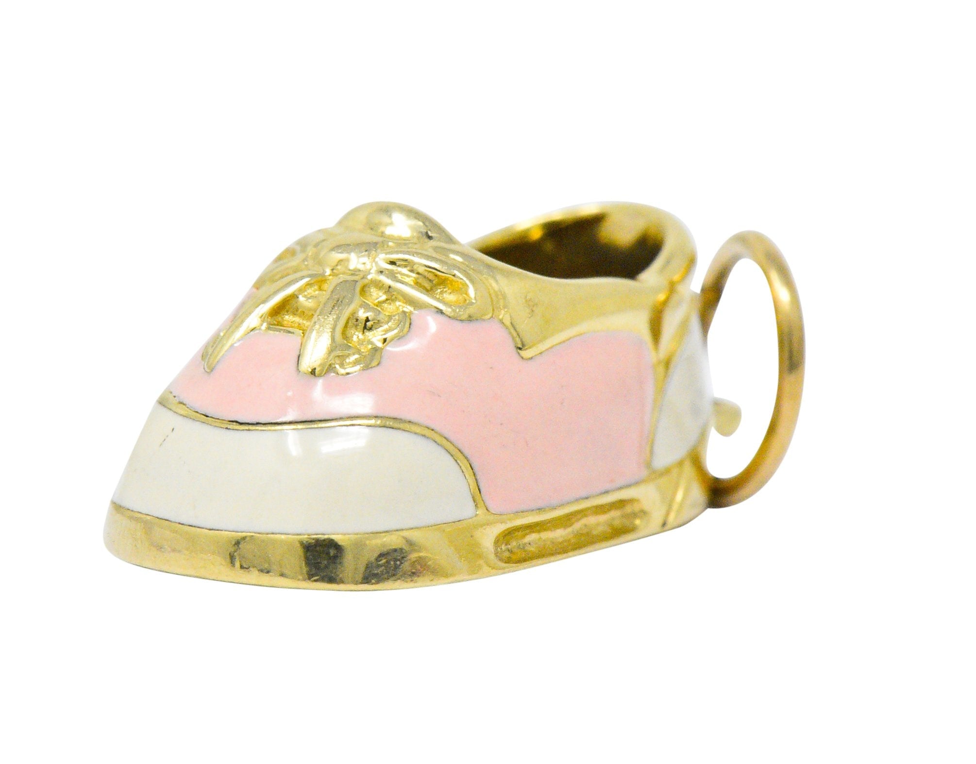 Contemporary 14 Karat Gold Pink Cream Enamel Saddle Shoe Charm Wilson's Estate Jewelry