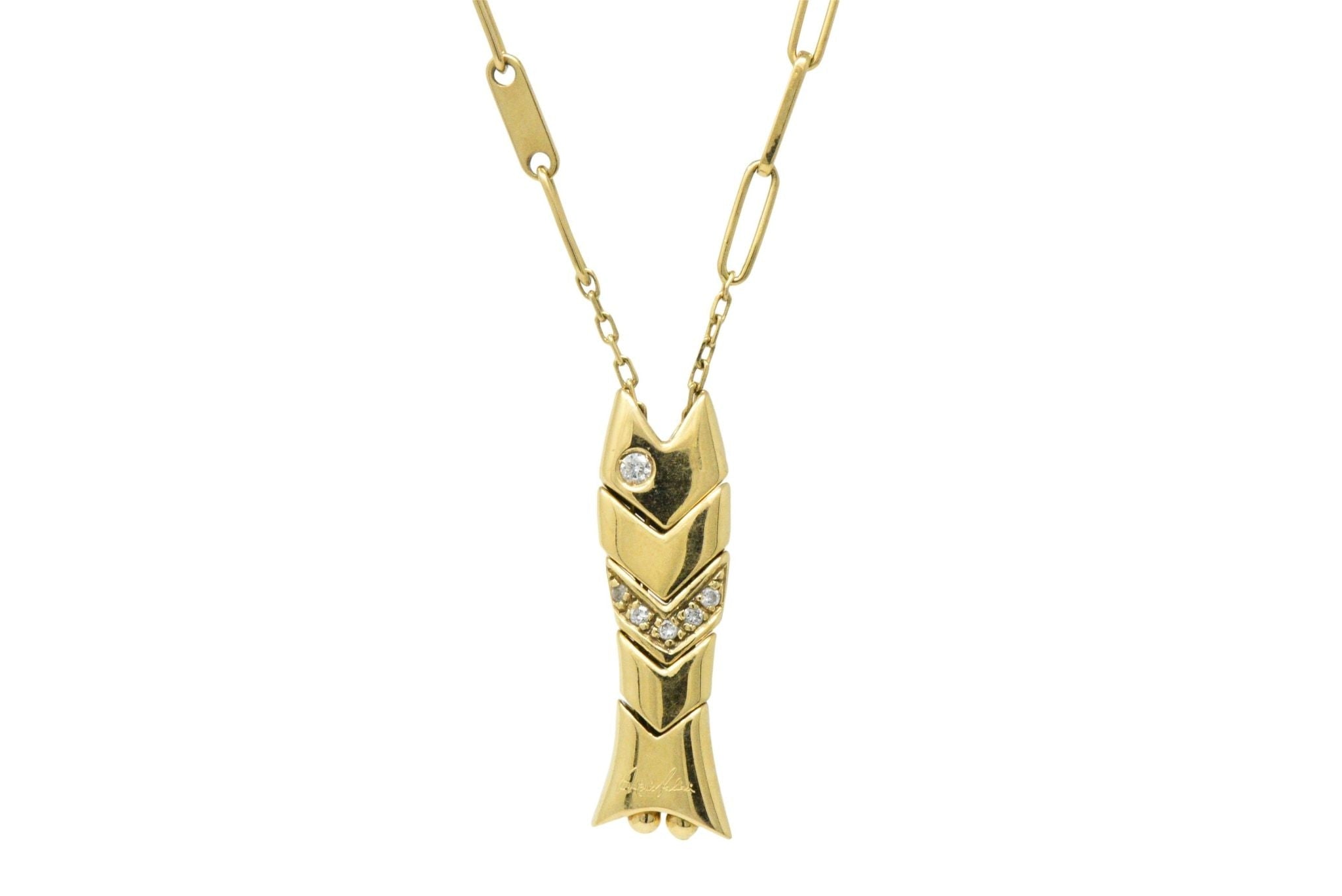 Contemporary Diamond 18 Karat Yellow Gold Articulated Fish Pendant Necklace Italy - Wilson's Estate Jewelry