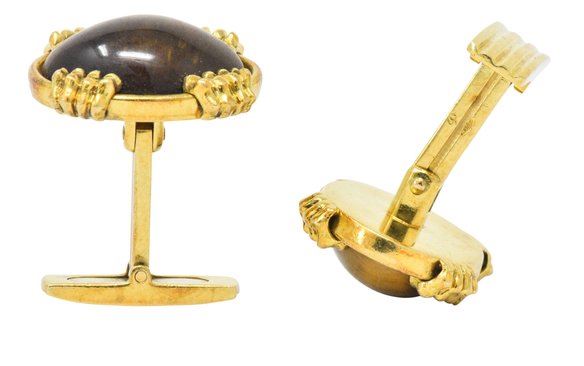 Vintage Tiger's Eye Cabochon 18 Karat Gold Clawed Men's Cufflinks Wilson's Estate Jewelry
