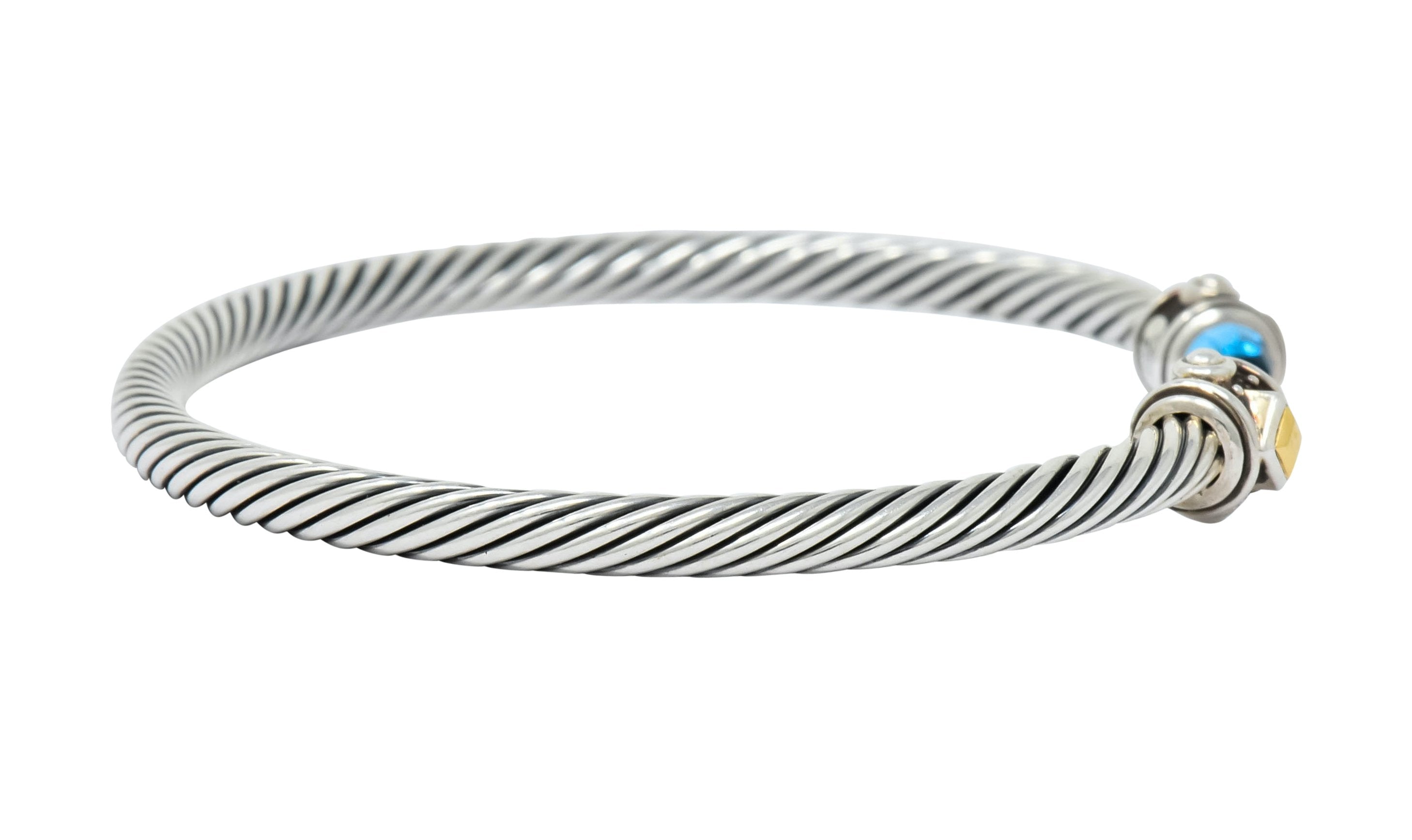 David Yurman Blue Topaz Sterling Silver 18 Karat Gold Renaissance Cable Cuff Bracelet - Wilson's Estate Jewelry