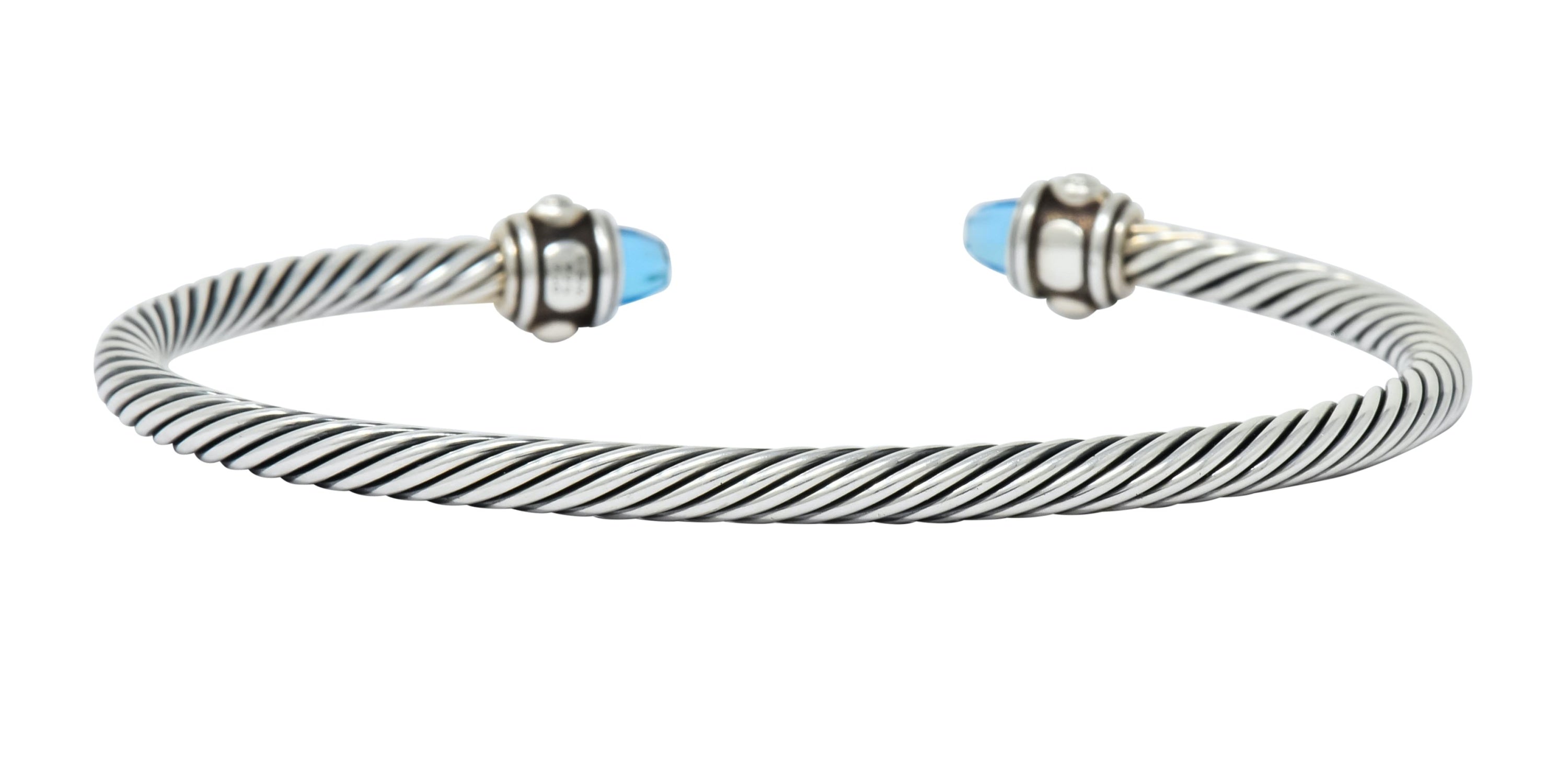 David Yurman Blue Topaz Sterling Silver 18 Karat Gold Renaissance Cable Cuff Bracelet - Wilson's Estate Jewelry