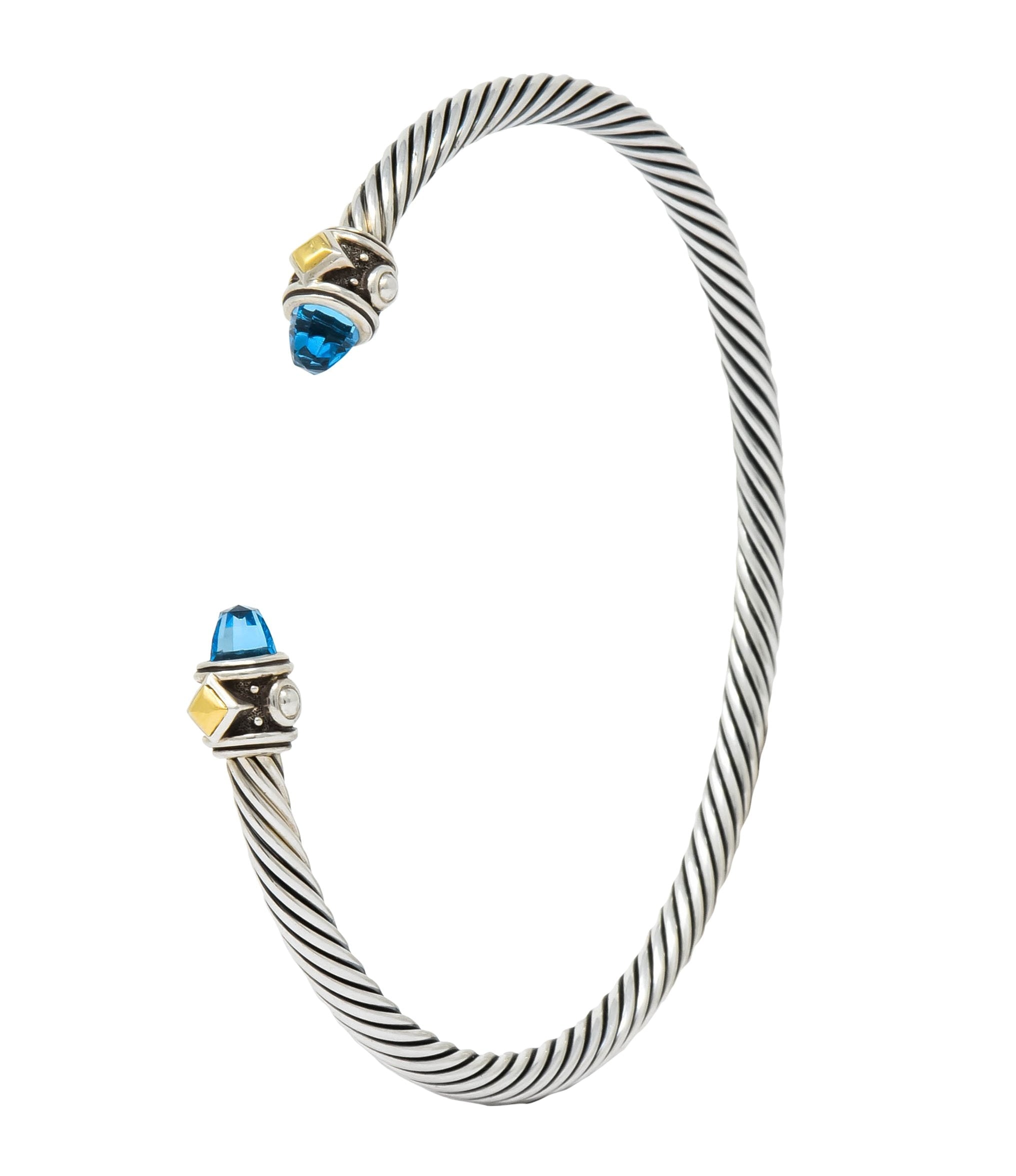 David Yurman Blue Topaz Sterling Silver 18 Karat Gold Renaissance Cable Cuff Bracelet - Wilson's Estate Jewelry