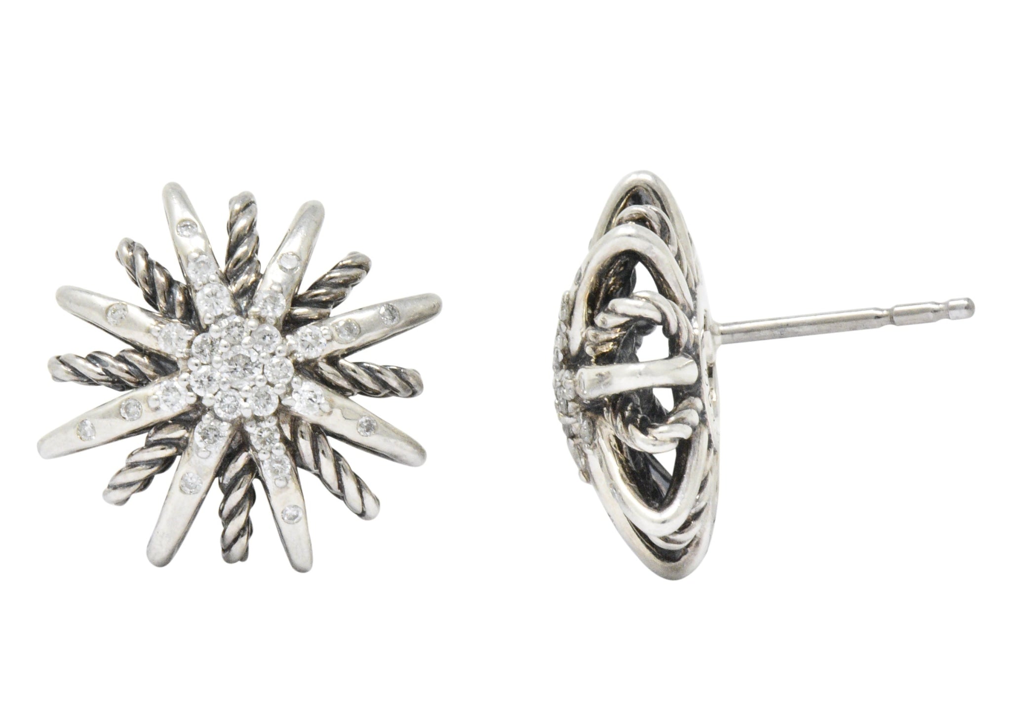 David Yurman Diamond Sterling Silver Starburst Earrings Wilson's Estate Jewelry