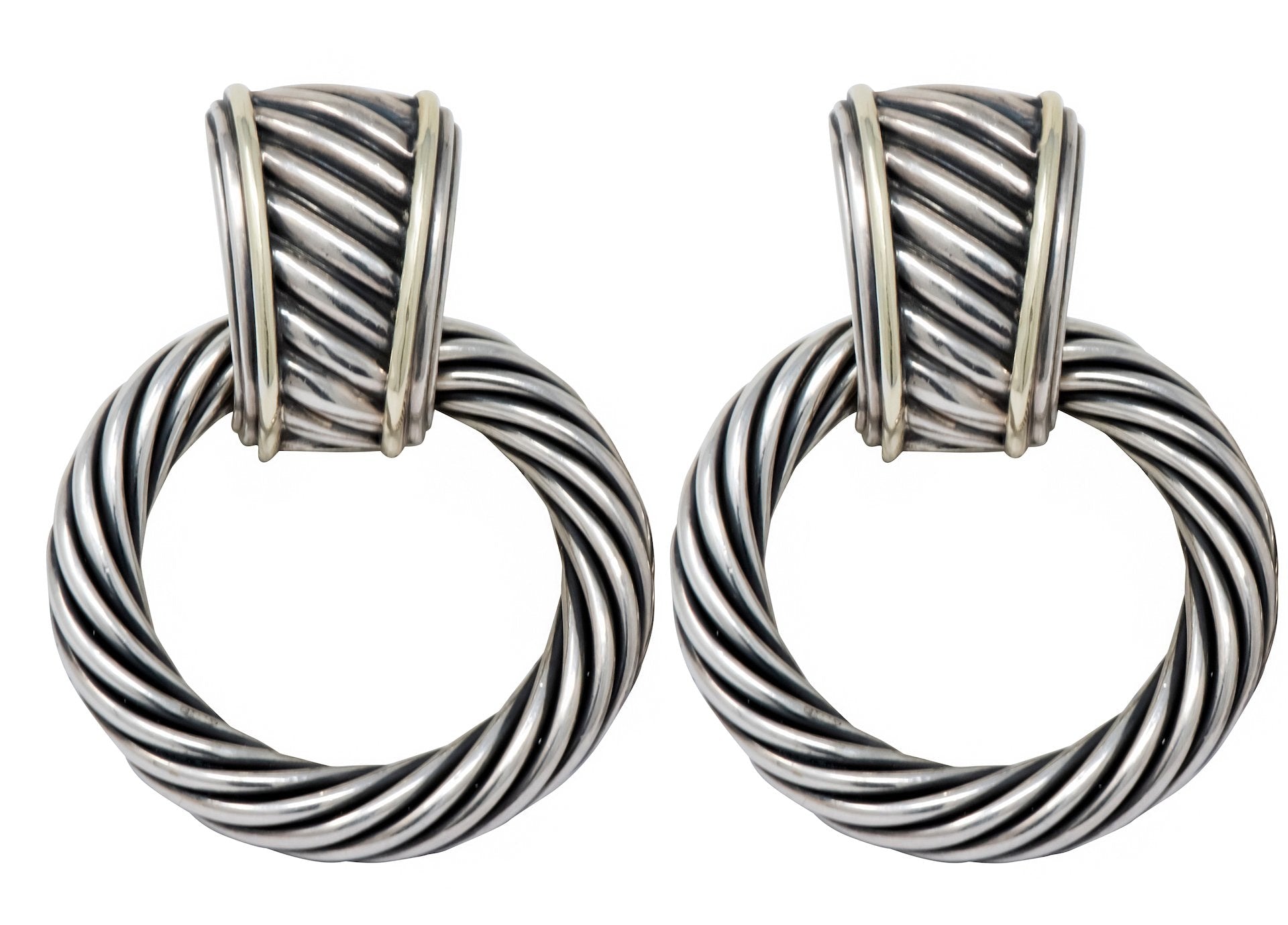 David Yurman Sterling Silver 14 Karat Gold Cable Doorknocker Drop Earrings - Wilson's Estate Jewelry