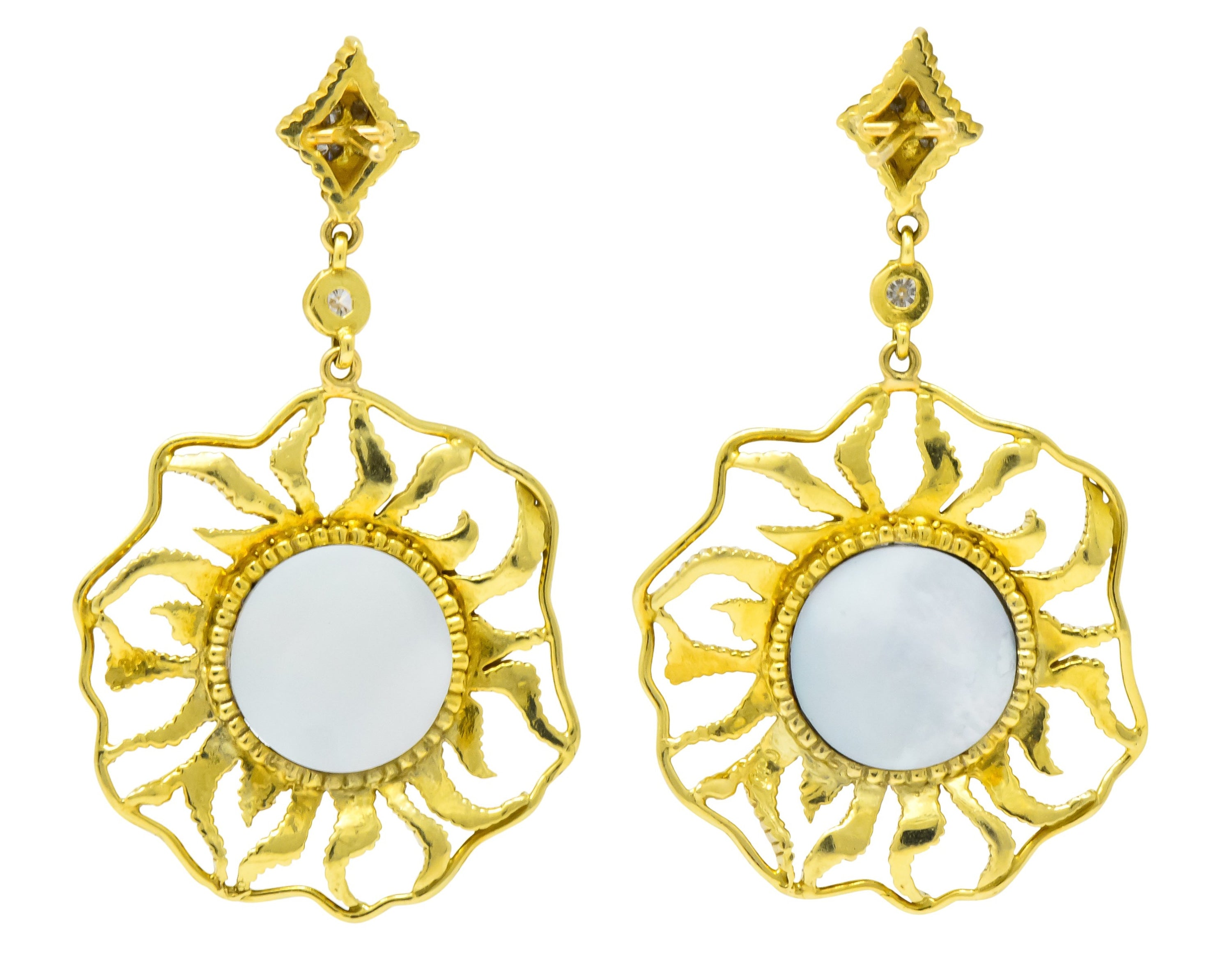 Doris Panos Diamond Mother-Of-Pearl 18 Karat Gold Sunburst Drop Earrings Wilson's Estate Jewelry