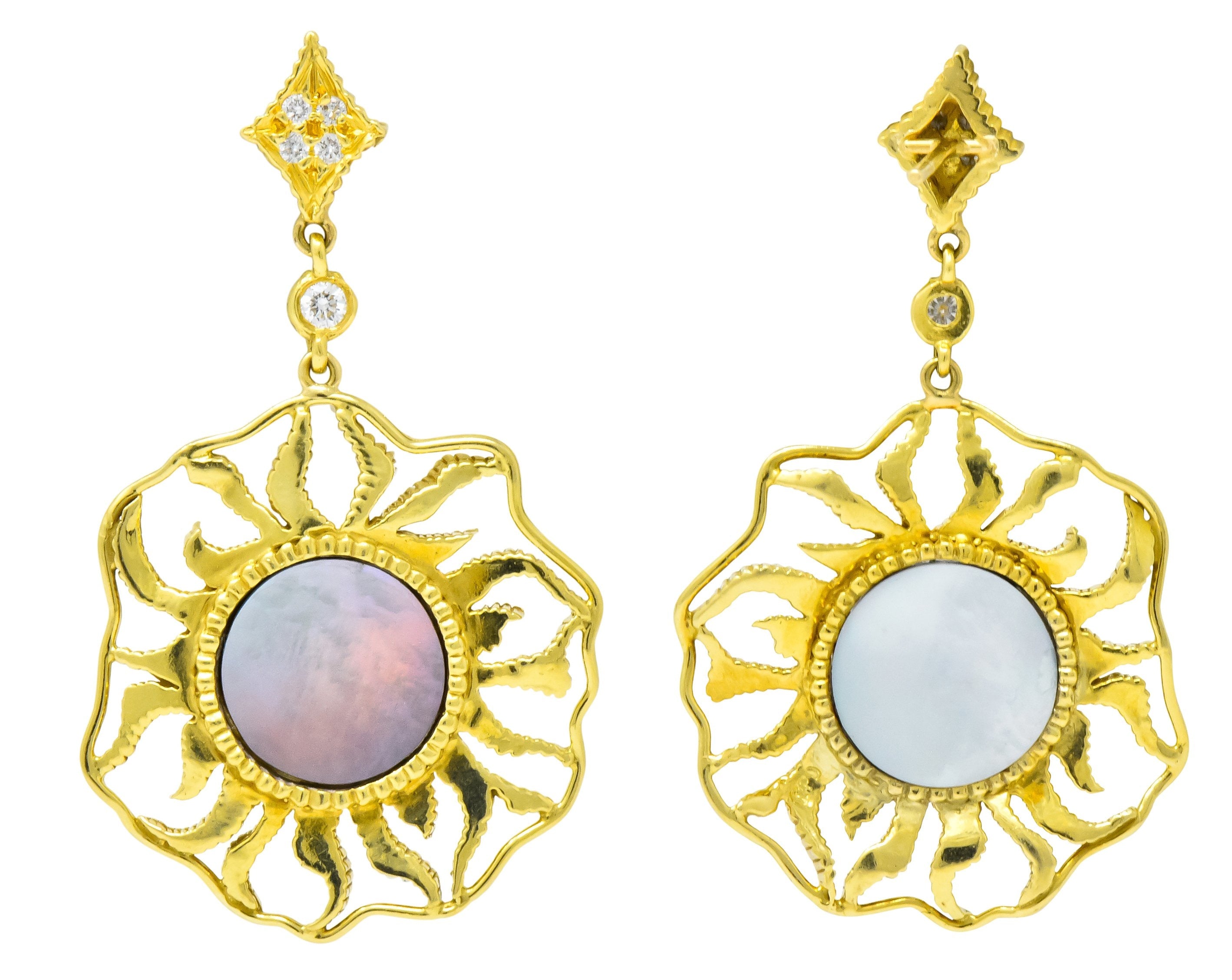 Doris Panos Diamond Mother-Of-Pearl 18 Karat Gold Sunburst Drop Earrings Wilson's Estate Jewelry