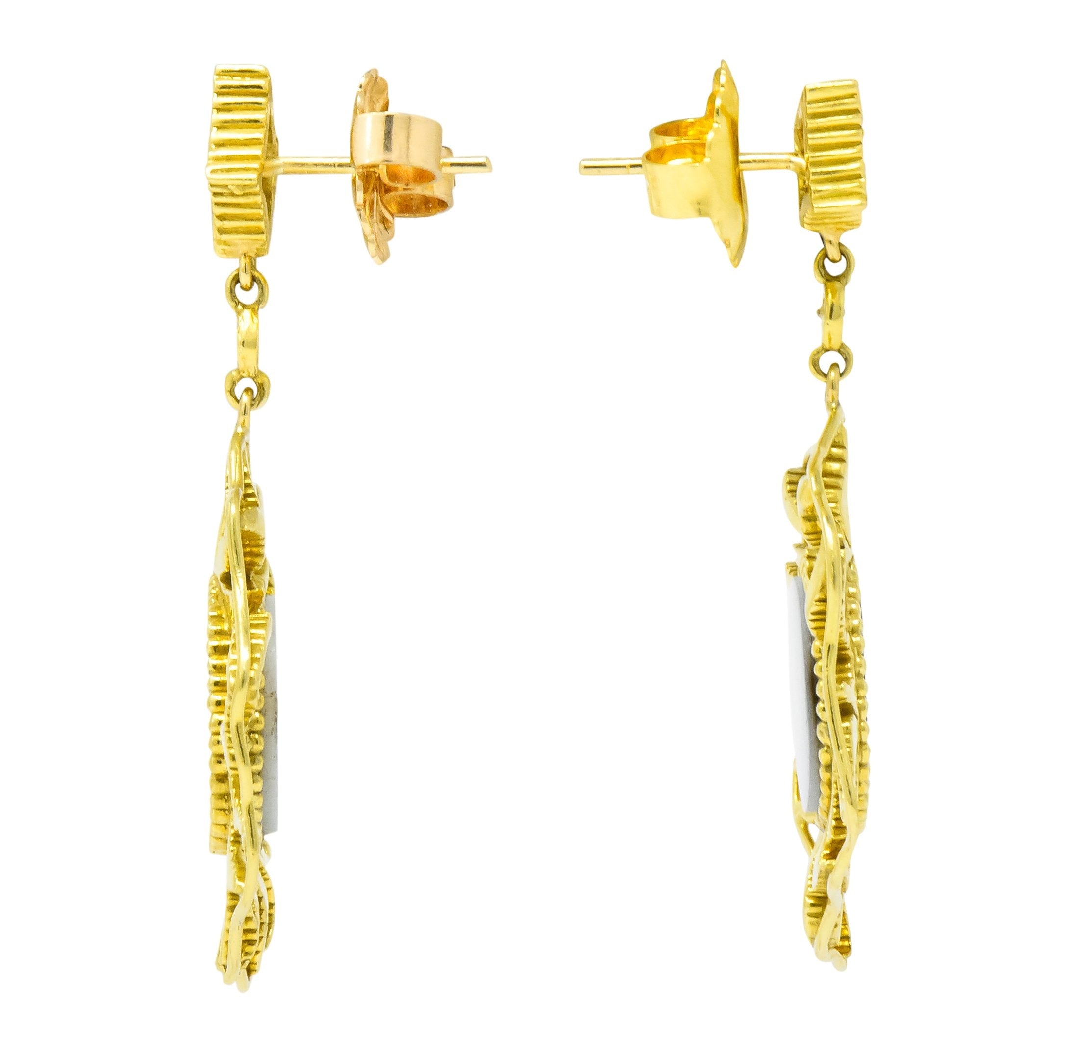 Doris Panos Diamond Mother-Of-Pearl 18 Karat Gold Sunburst Drop Earrings Wilson's Estate Jewelry