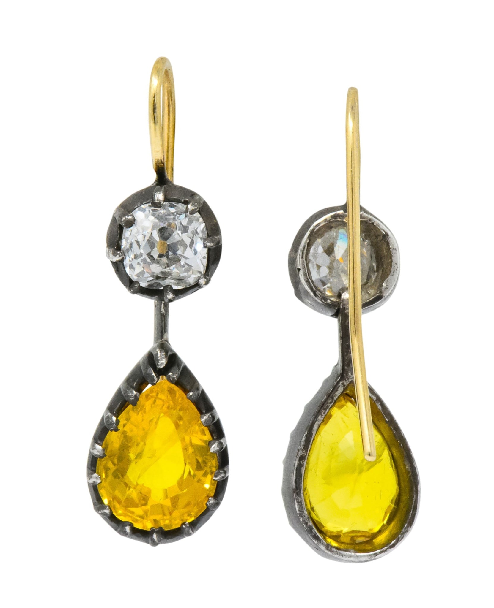 Early Victorian 1840's 5.30 CTW Sapphire Diamond Silver Gold Drop Earrings - Wilson's Estate Jewelry