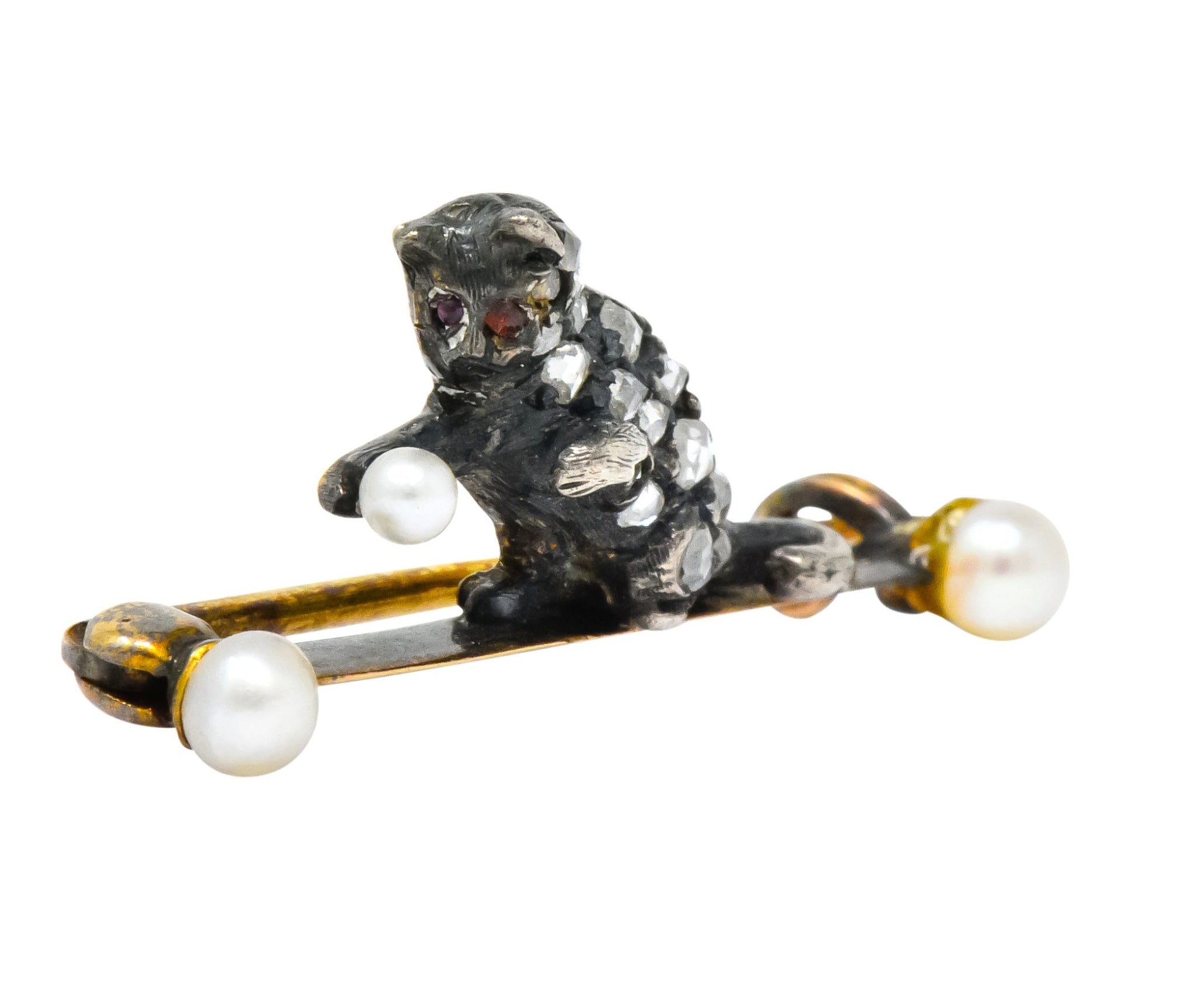 Early Victorian Diamond Pearl Silver-Topped 18 Karat Gold Cat / Kitten Brooch - Wilson's Estate Jewelry