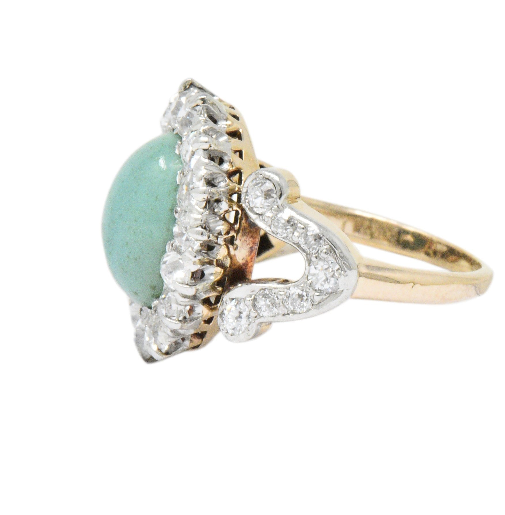 Edwardian 1.26 CTW Diamond Turquoise Platinum-Topped 14 Karat Gold Ring Wilson's Estate Jewelry