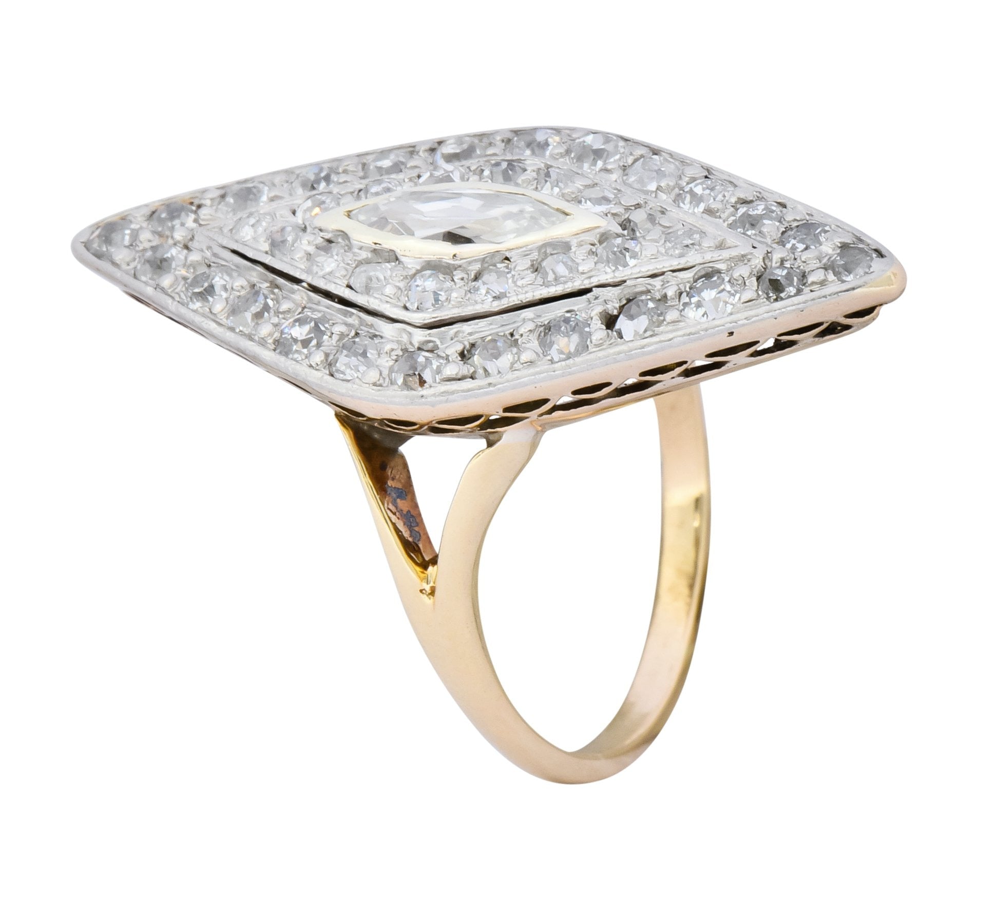 Edwardian 1.60 CTW Diamond Platinum-Topped 14 Karat Gold Navette Dinner Ring - Wilson's Estate Jewelry