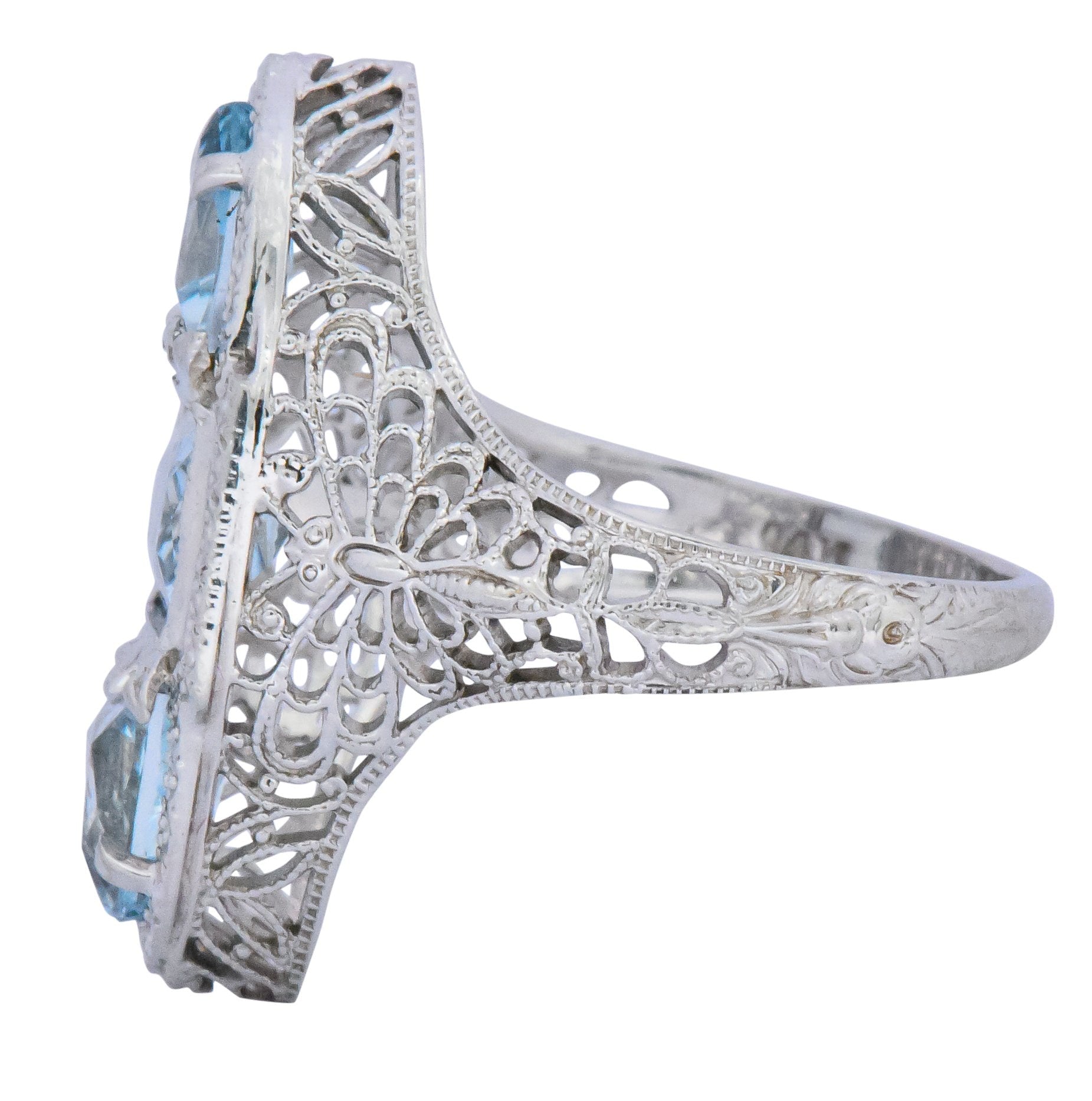 Edwardian 1.75 CTW Aquamarine Dragonfly 14 Karat White Gold Cocktail Ring Wilson's Estate Jewelry